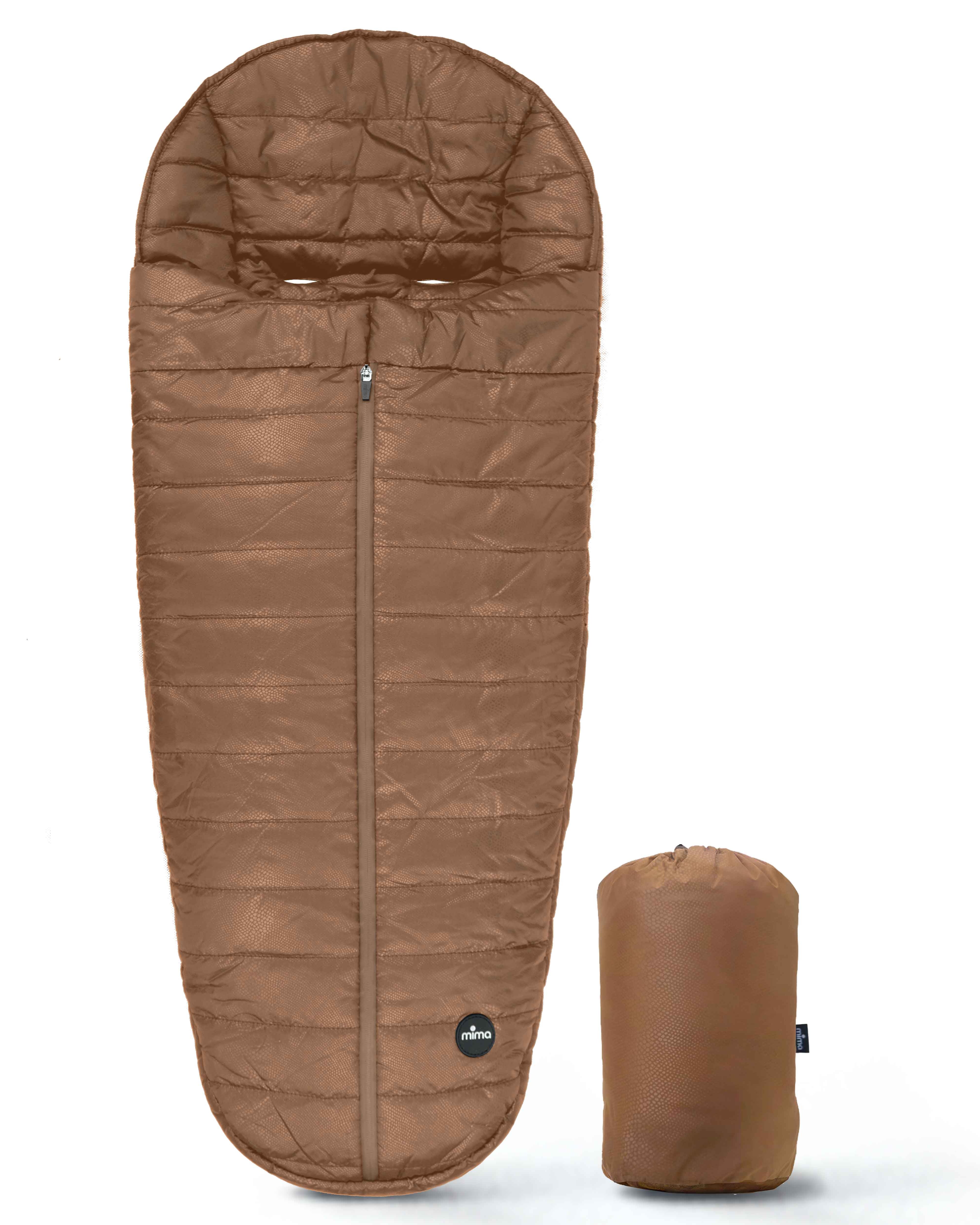 mima compact fold footmuff in mocha colour with bag on the side.