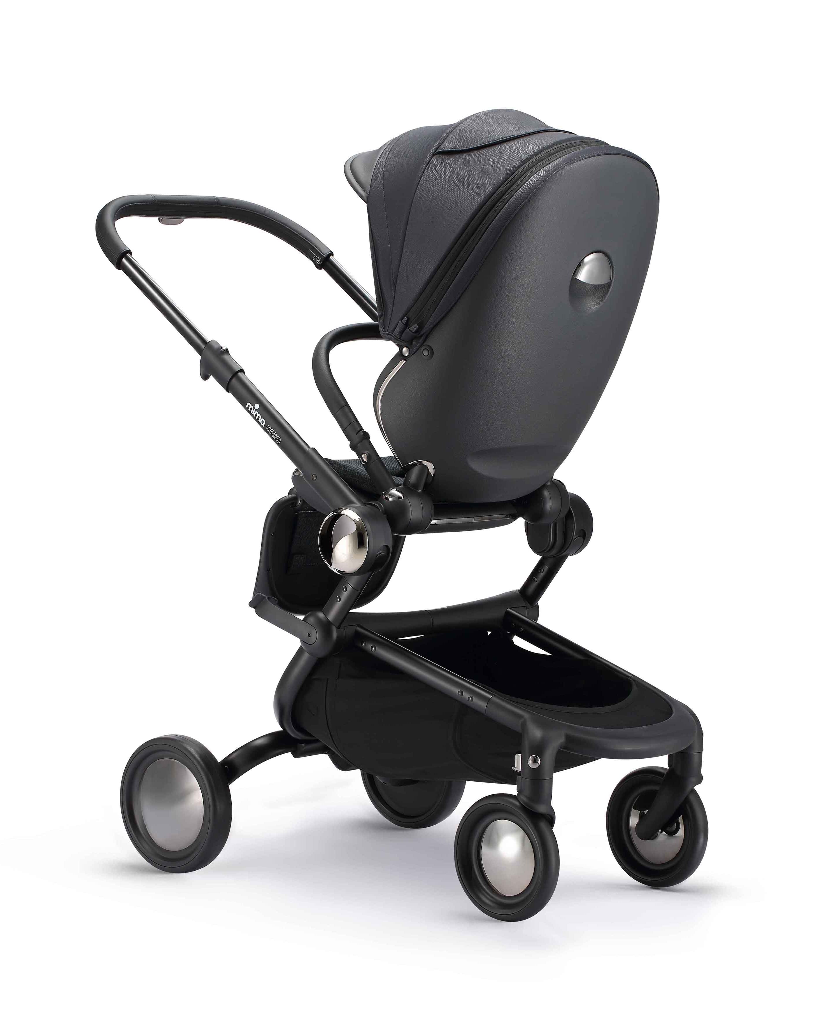 rear angled view of parent facing mima creo stroller in black