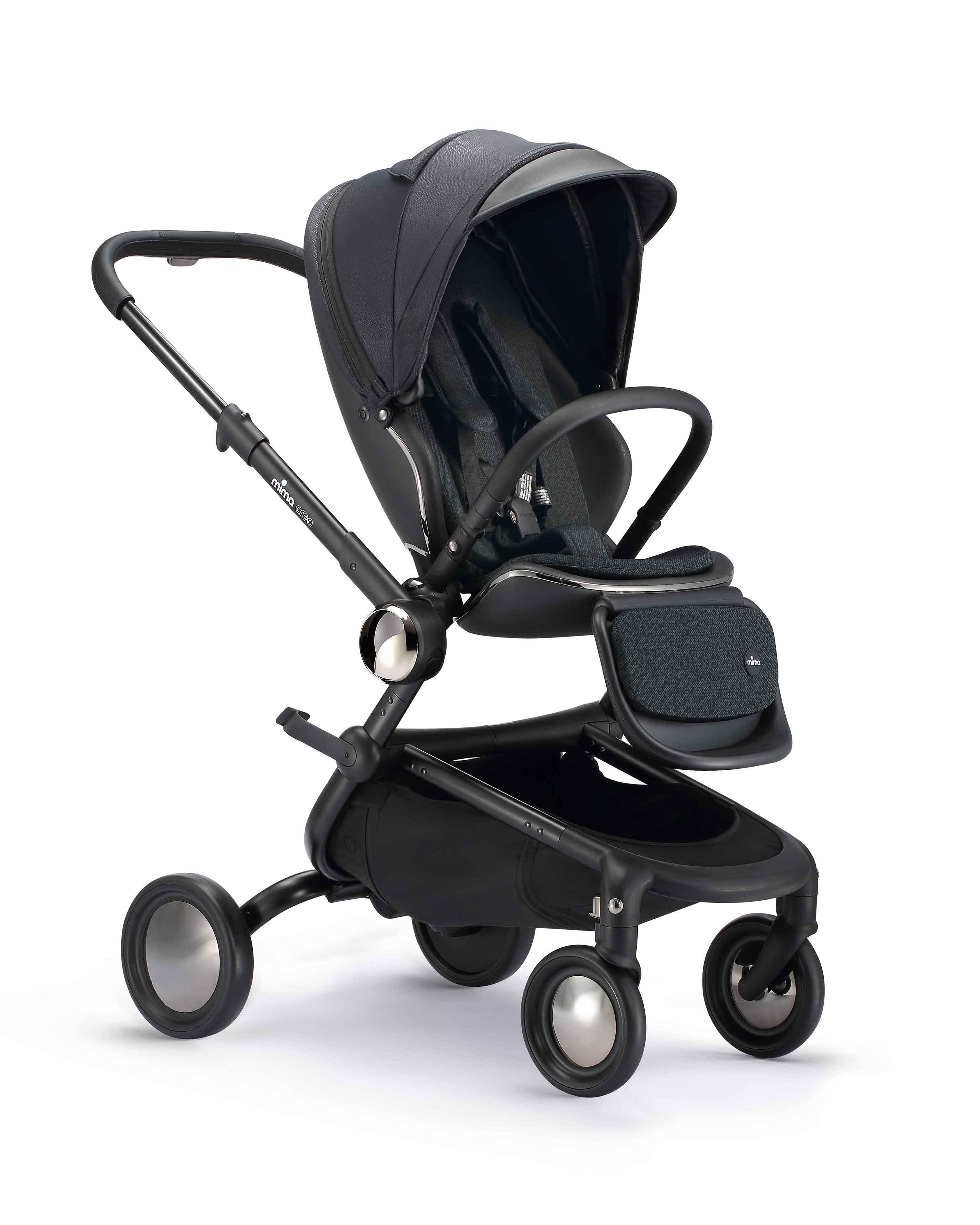 angled view of mima creo stroller in black