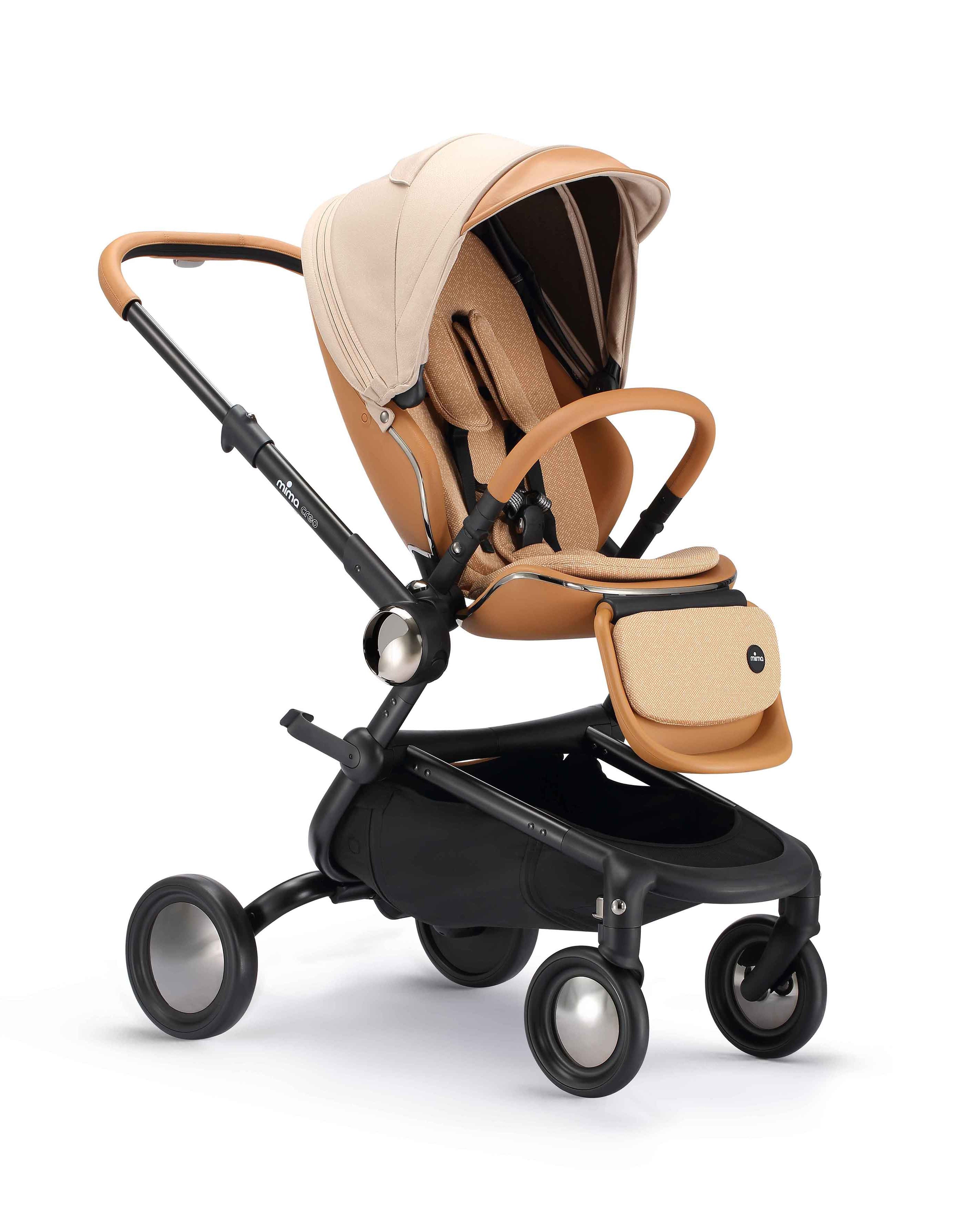 angled view of mima creo stroller in mocha