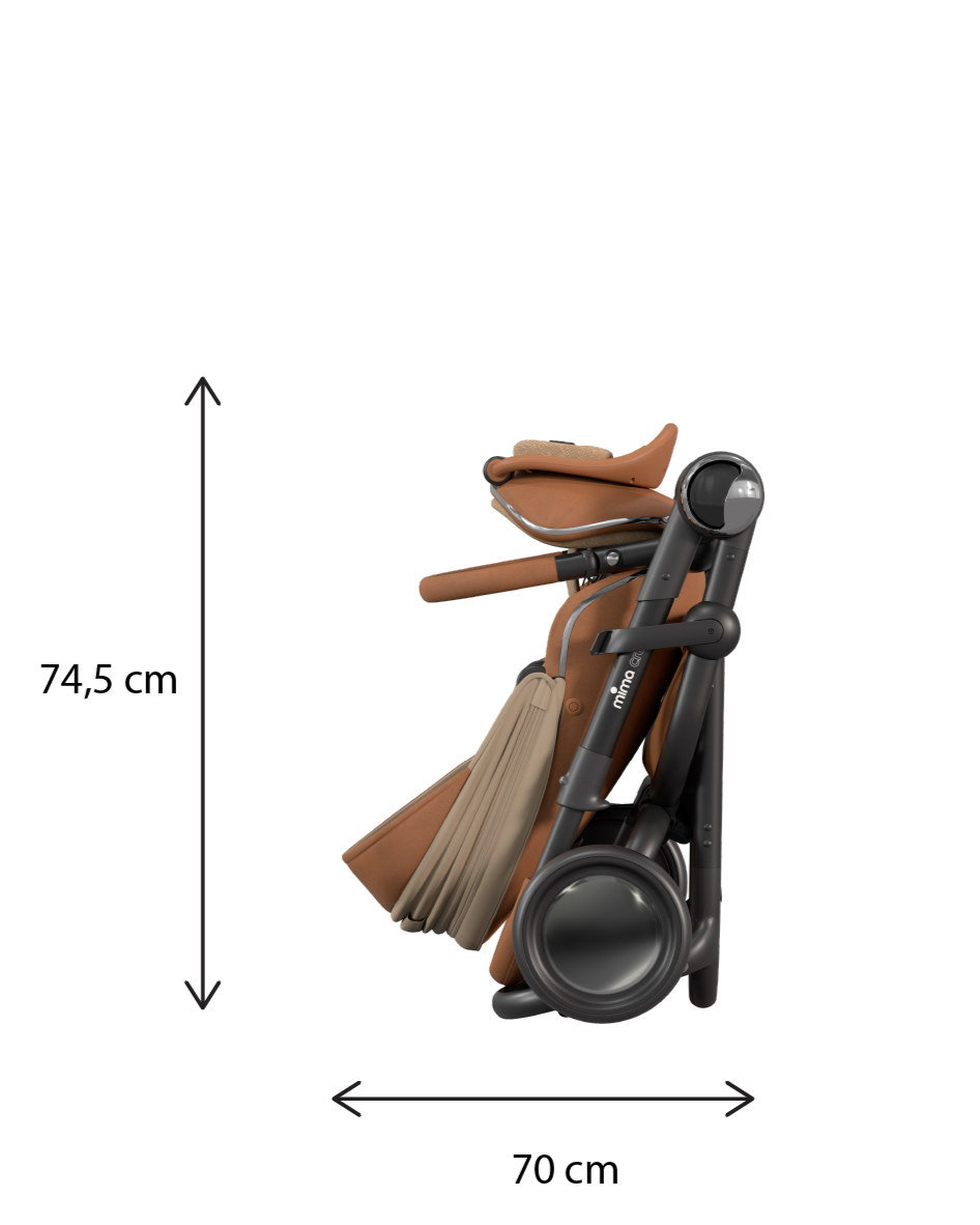 Mima creo stroller in mocha folded with dimensions.