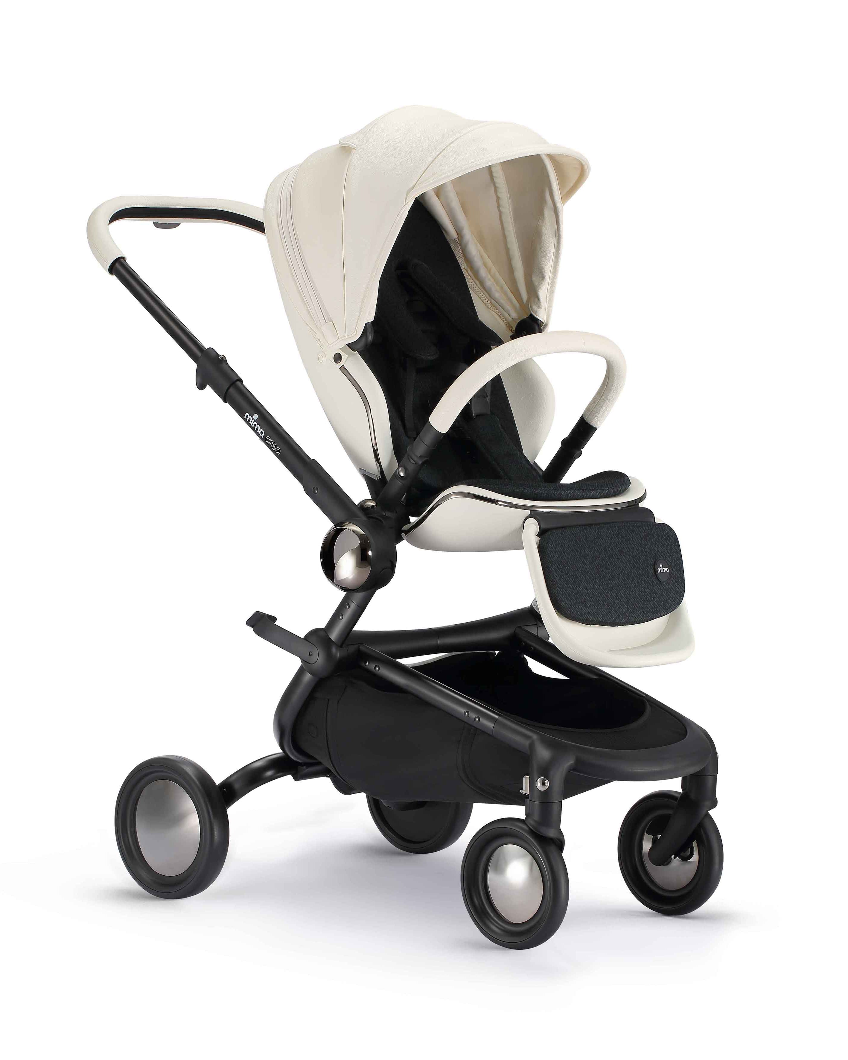 angled view of mima creo stroller in white