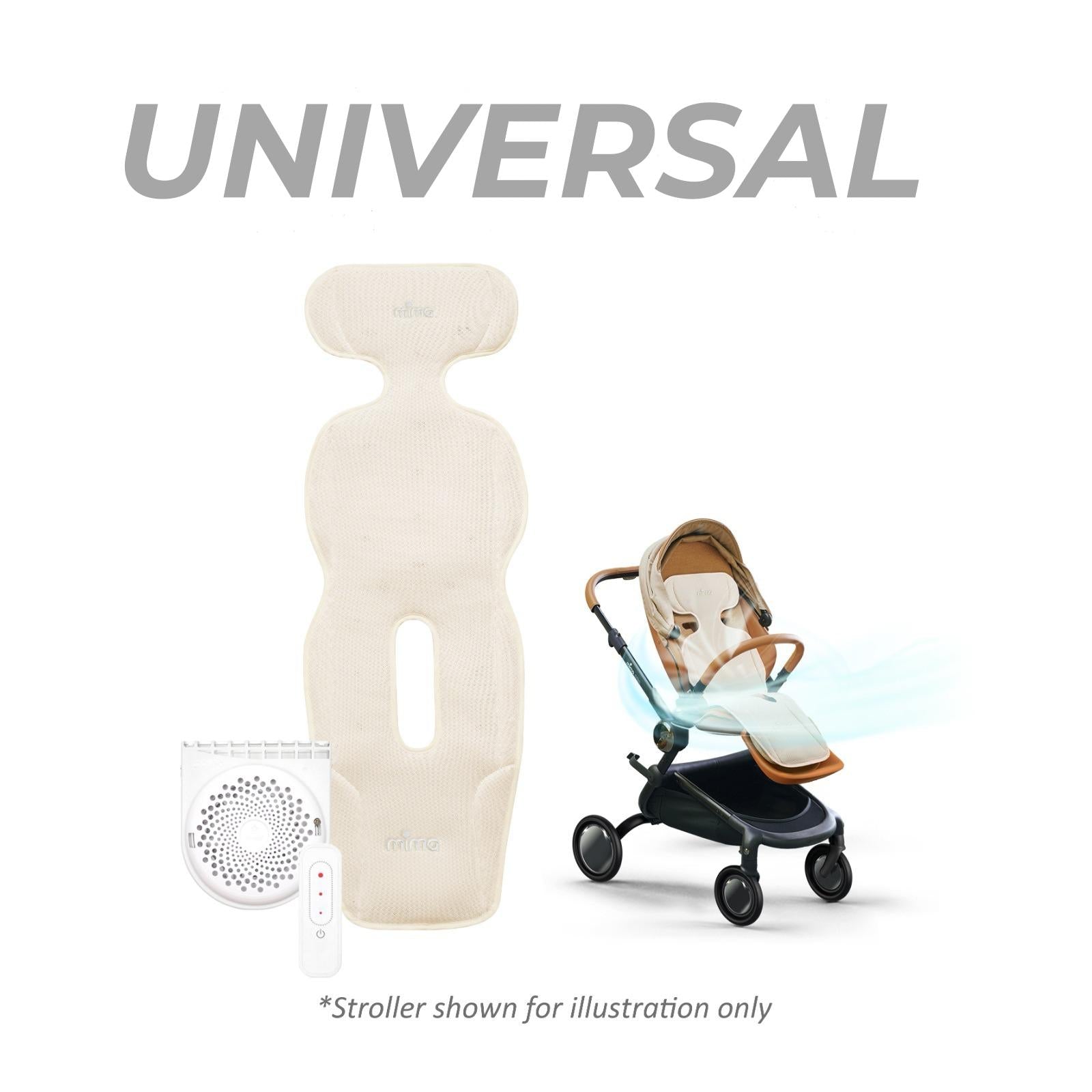 mima flo donut cooling seat pad in beige with fan unit, remote control and shown installed on a stroller