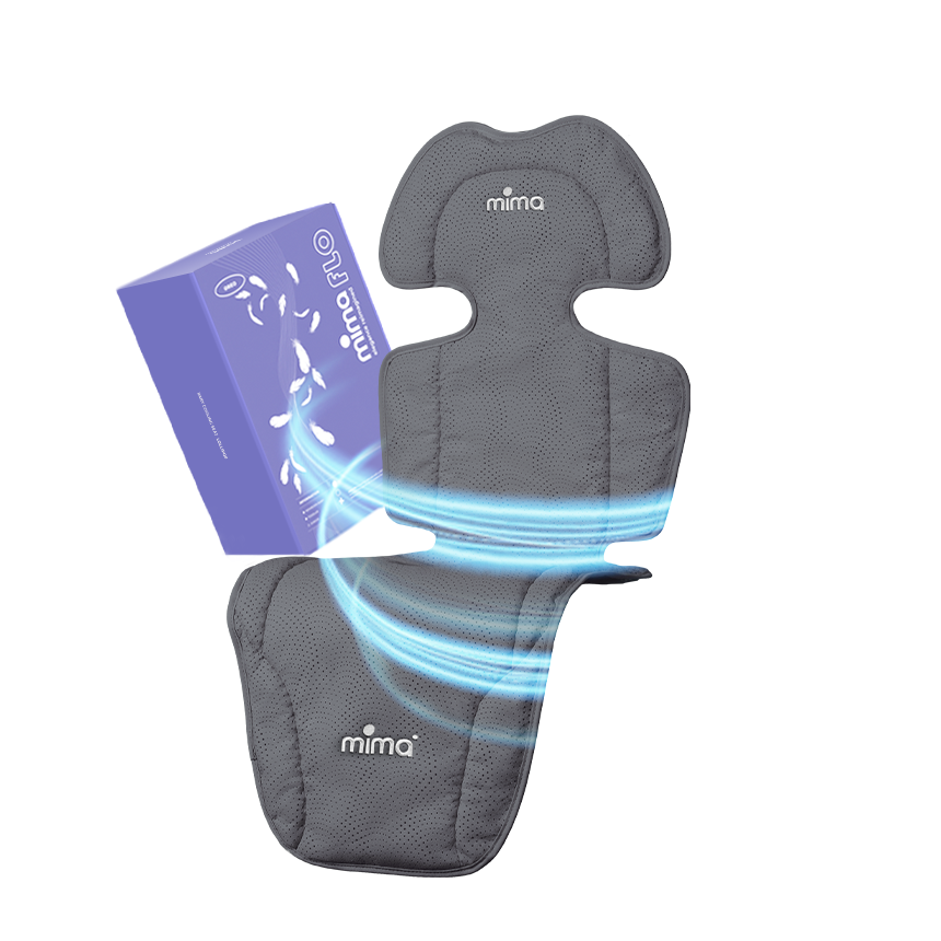 flo oreo cooling seat pad in grey with packaging box, angled view