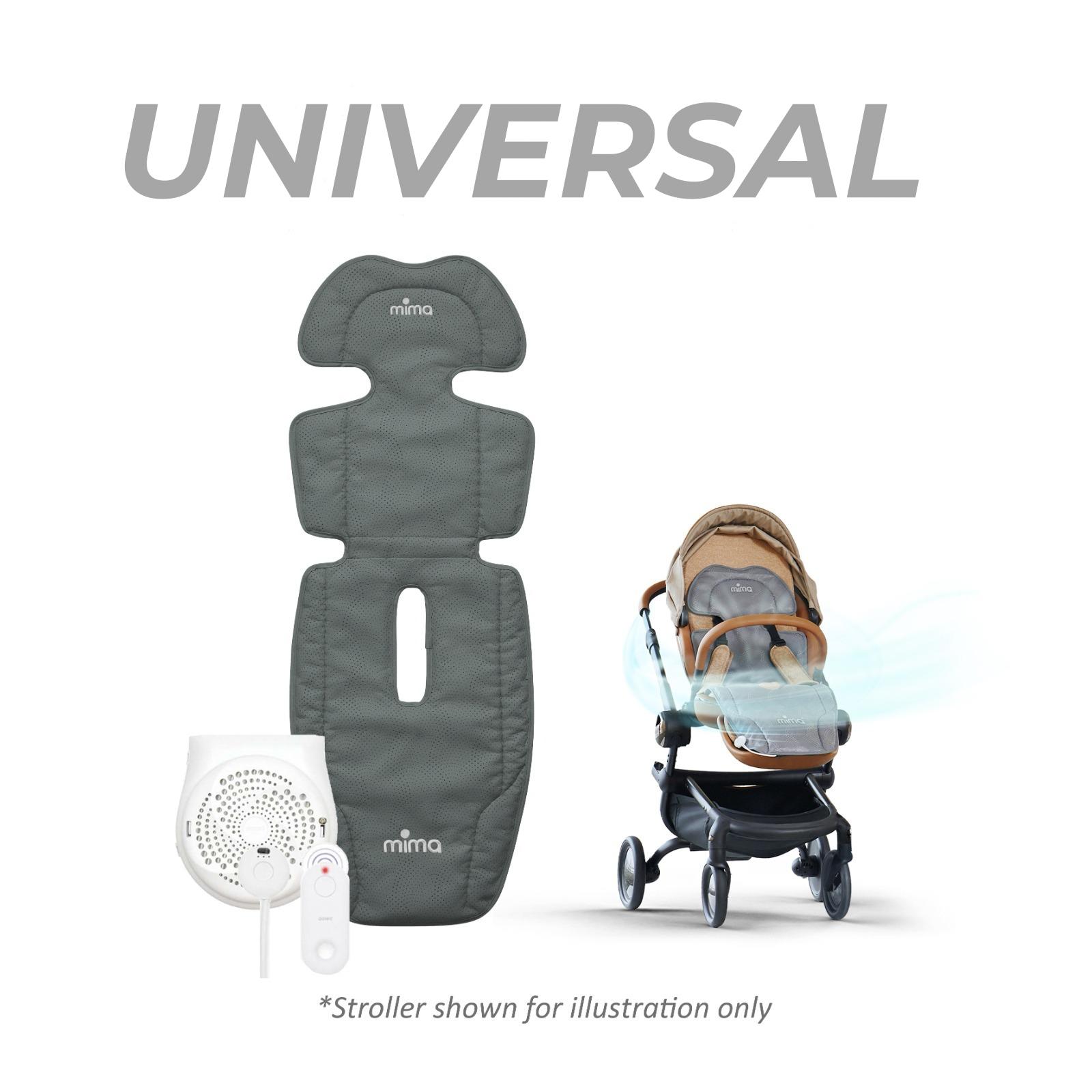 mima flo oreo cooling seat pad in grey with fan unit, remote control and shown installed on a stroller
