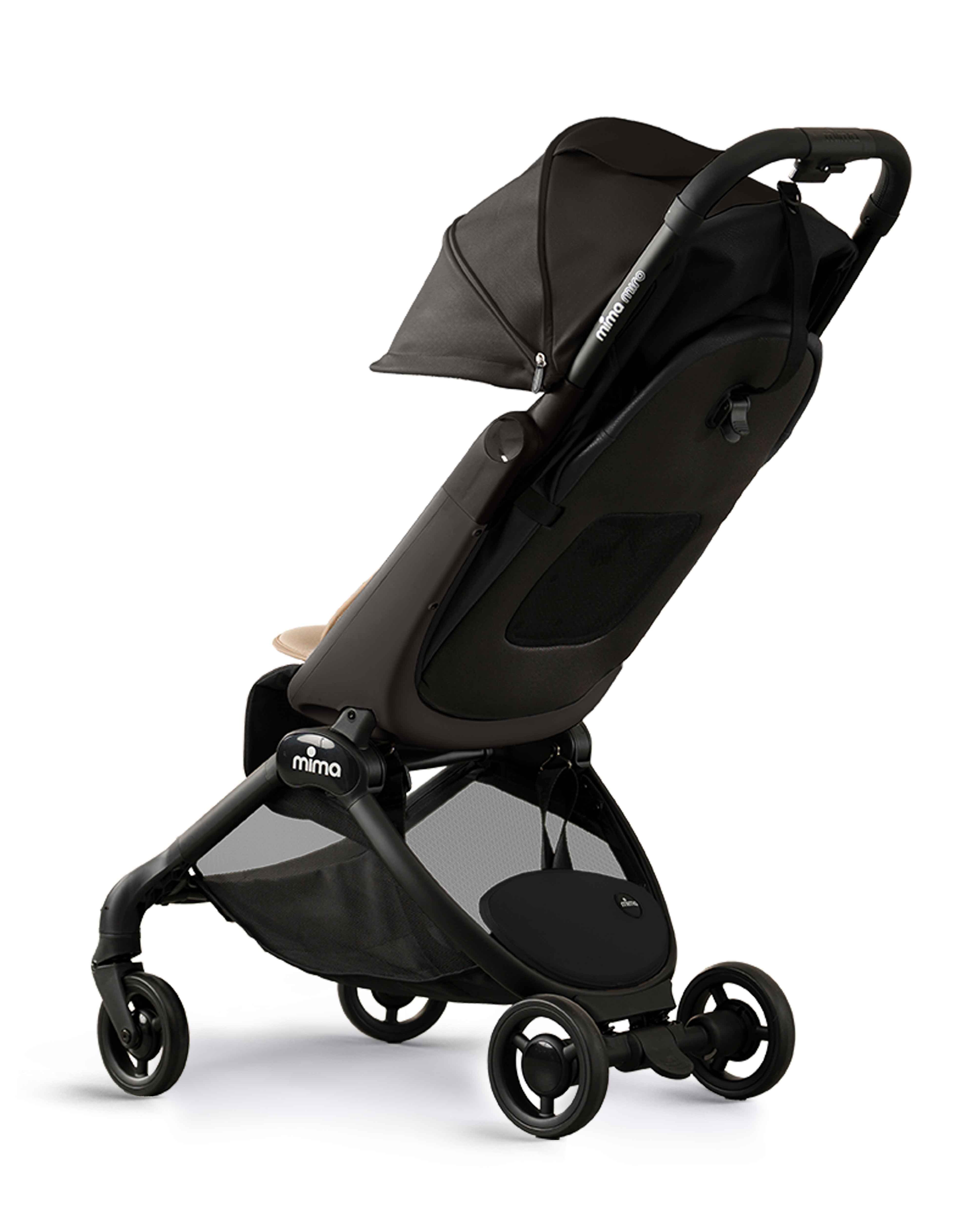 miro compact stroller in black with extended canopy, rear angled view