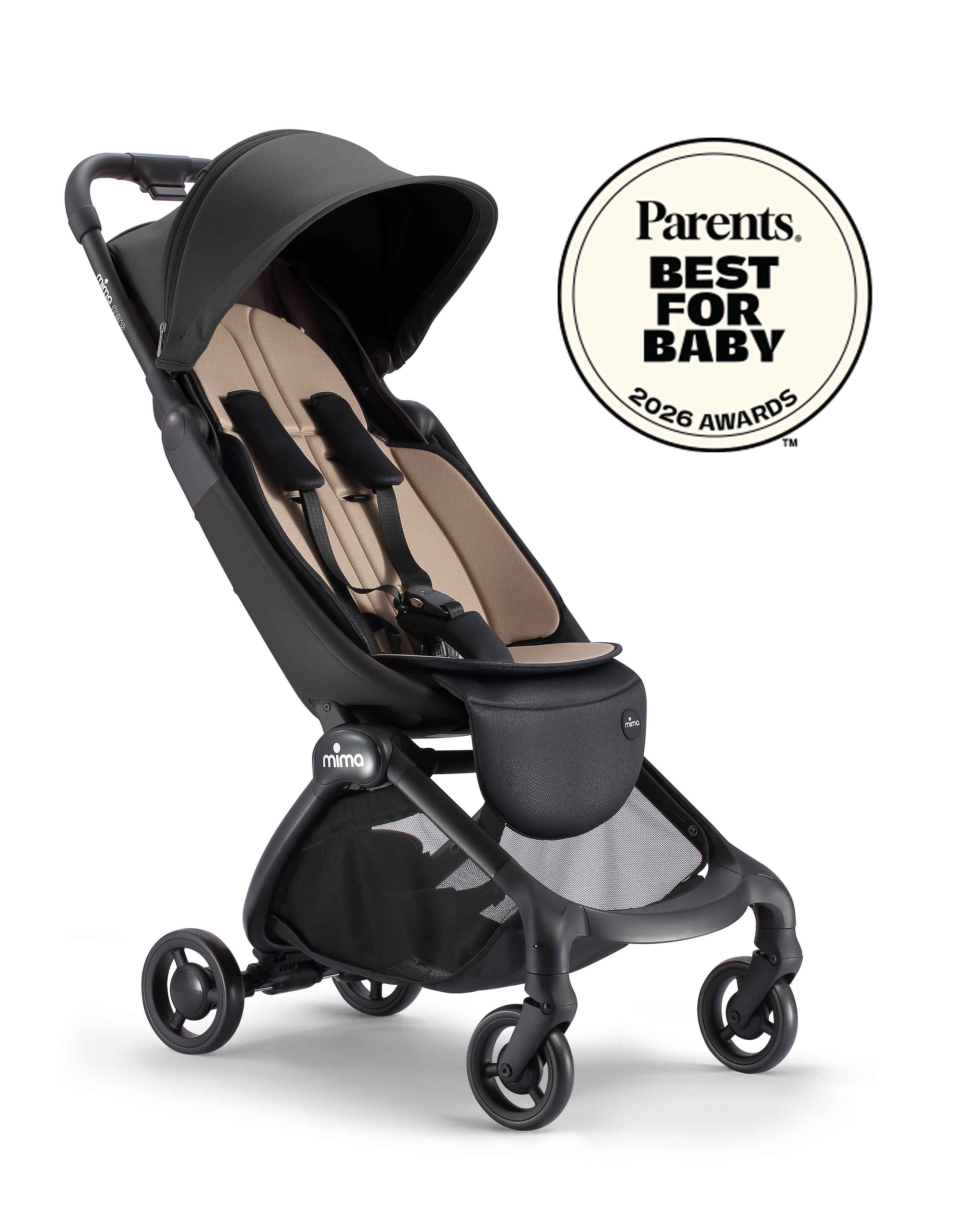 mima miro compact travel stroller in black with light seat and Parents best for baby 2026 award badge, angled view