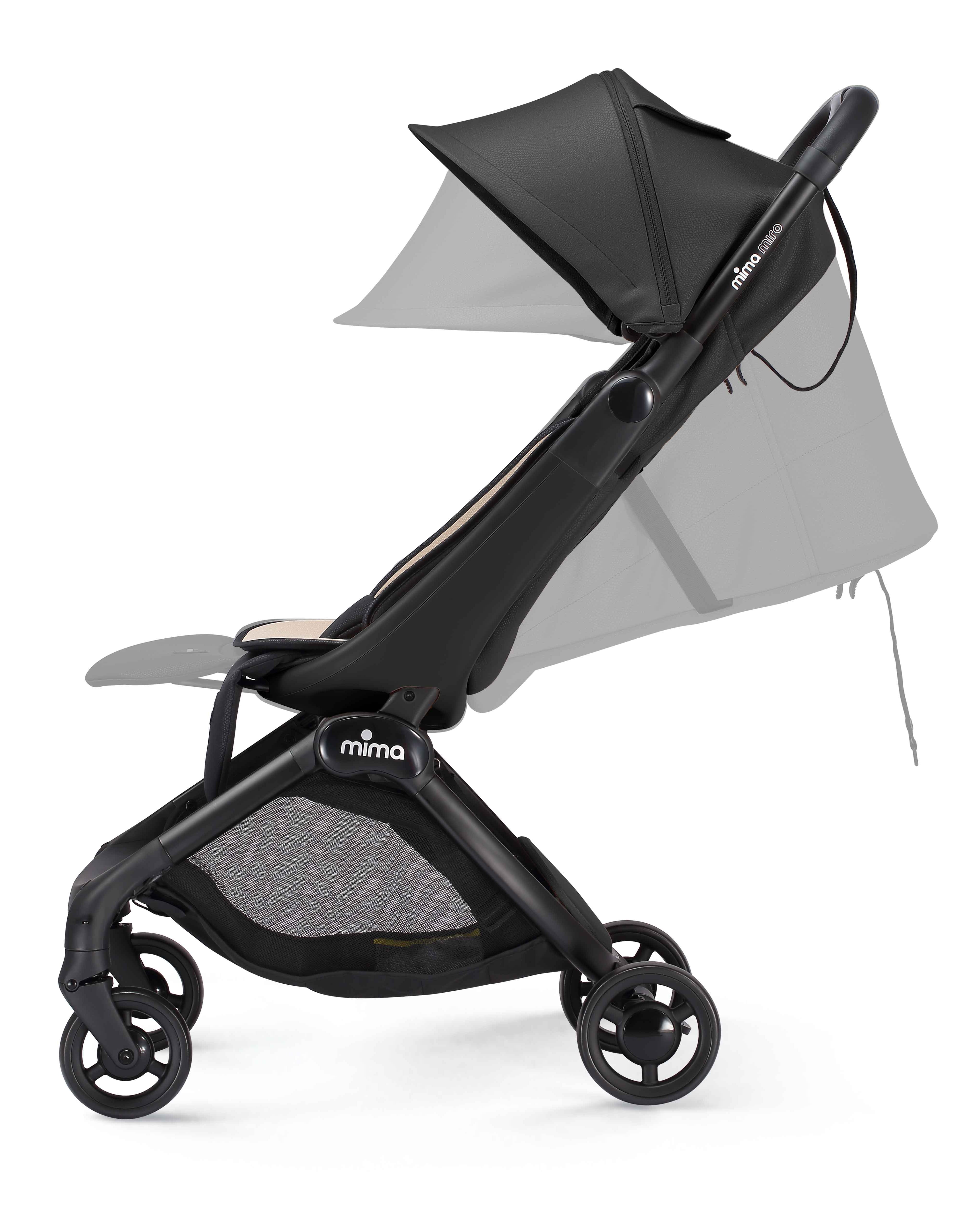 miro compact stroller in black showing upright and reclined positions, side view