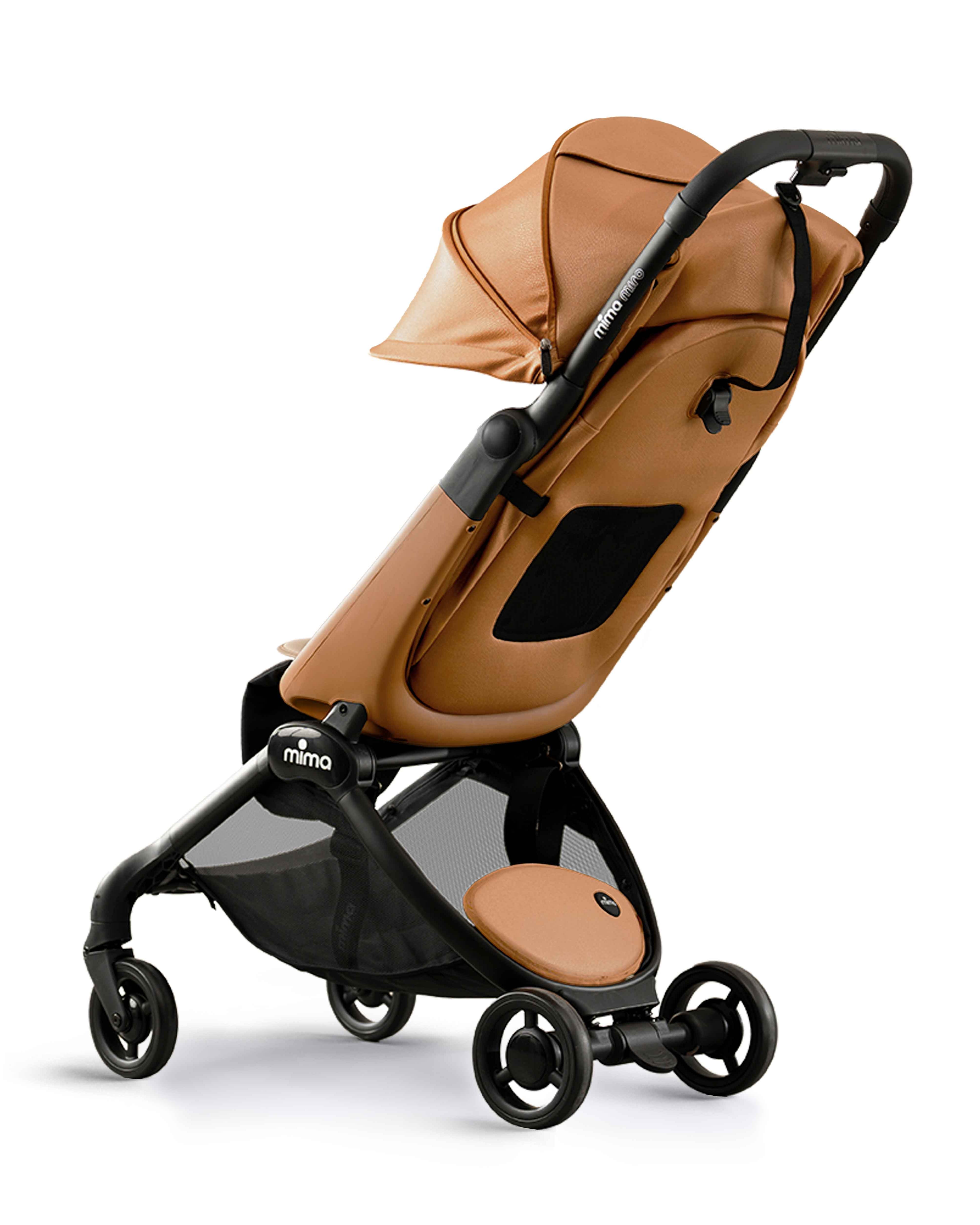 miro compact stroller in mocha with extended canopy, rear angled view