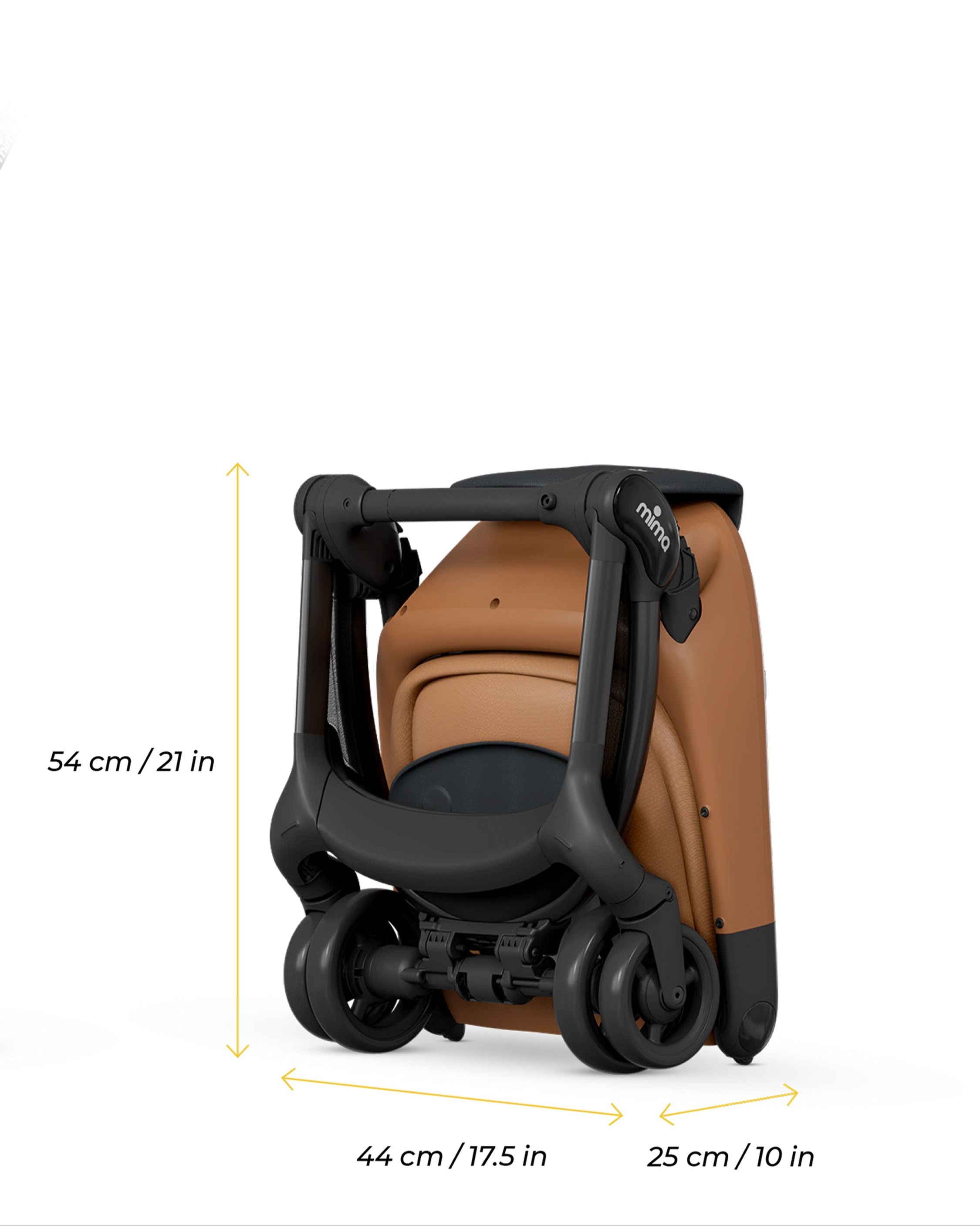 mima miro compact travel stroller in mocha folded with dimensions