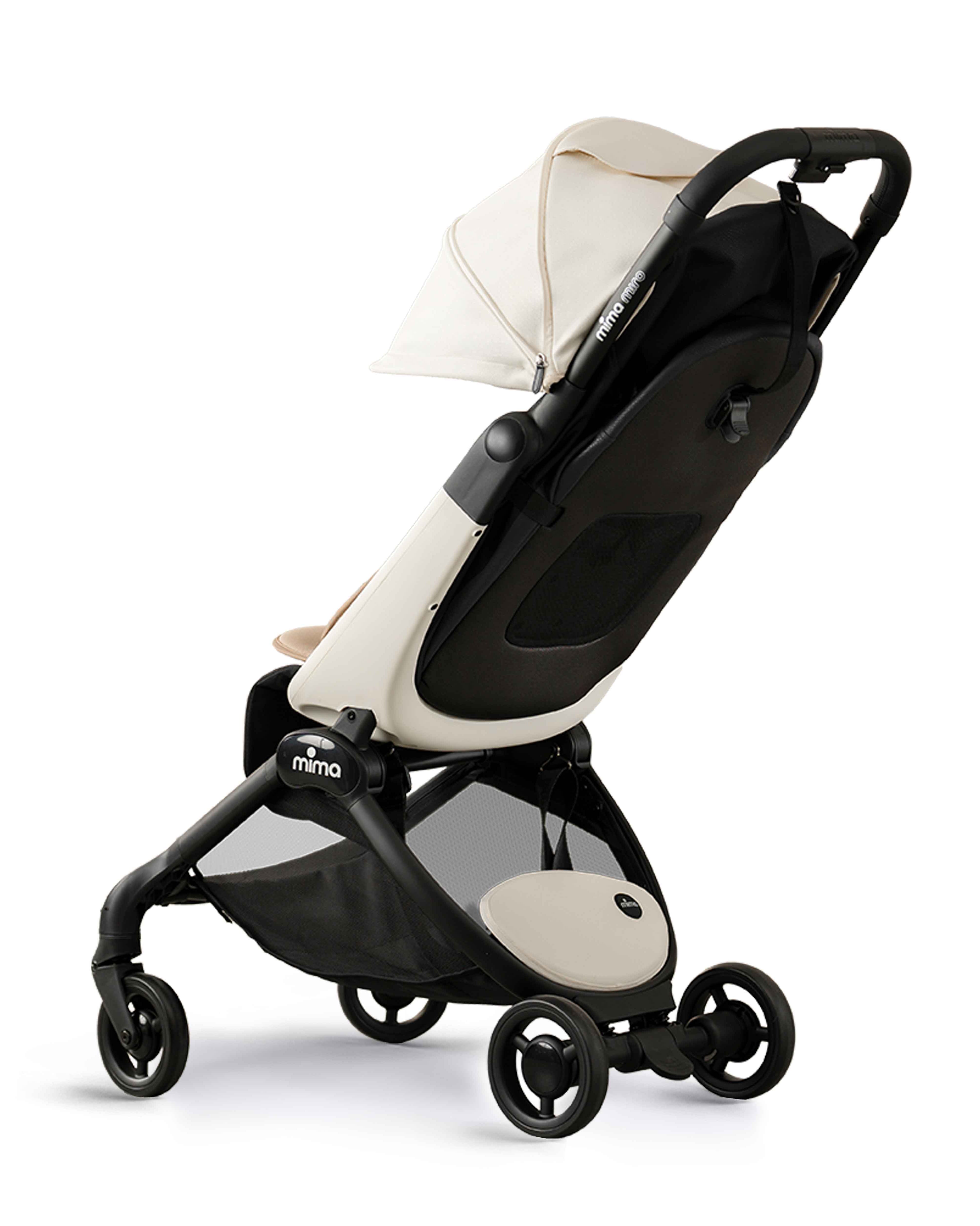 mima miro compact travel stroller in white with extended canopy, rear angled view