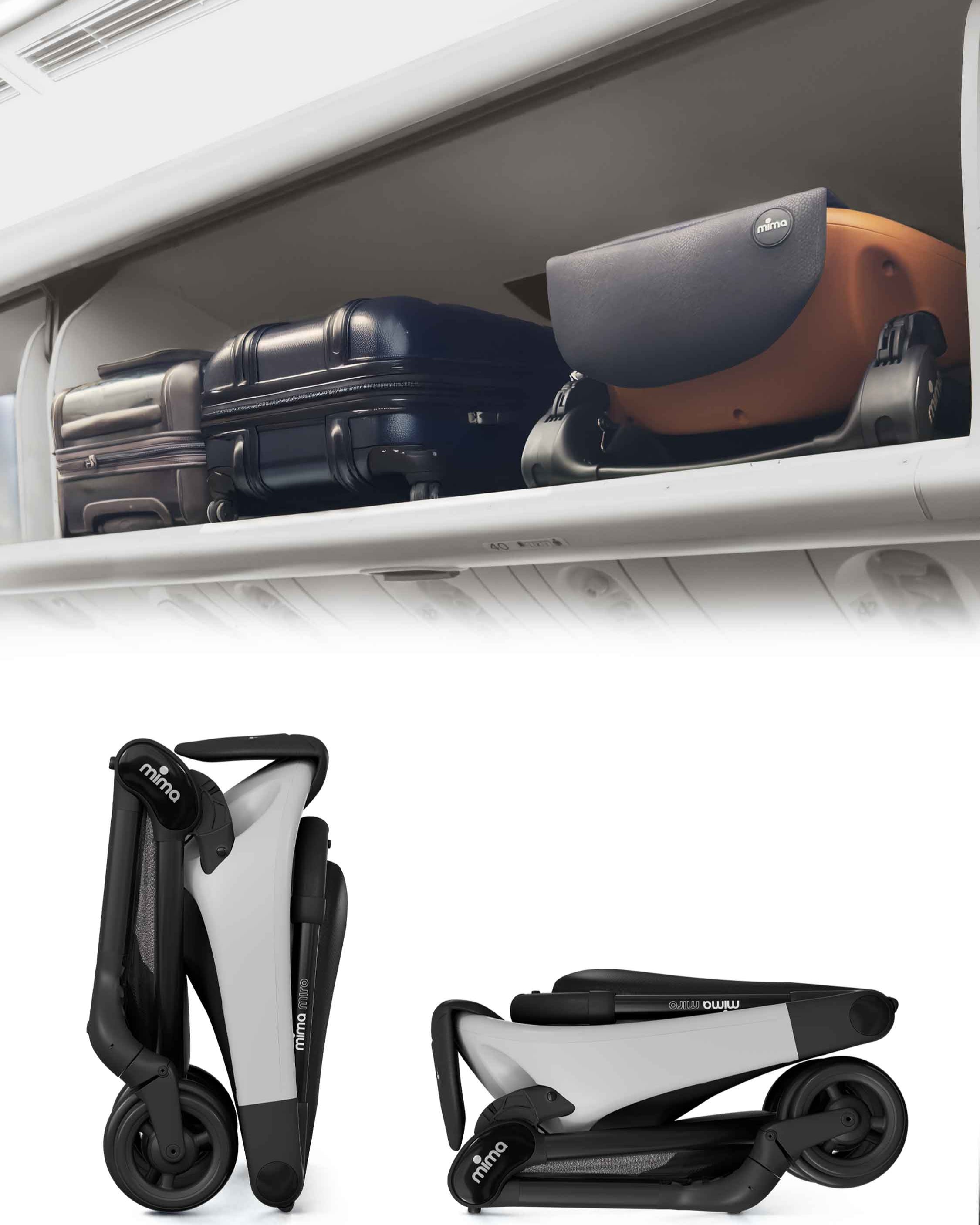 folded mima miro stroller in white inside an airplane overhead bin
