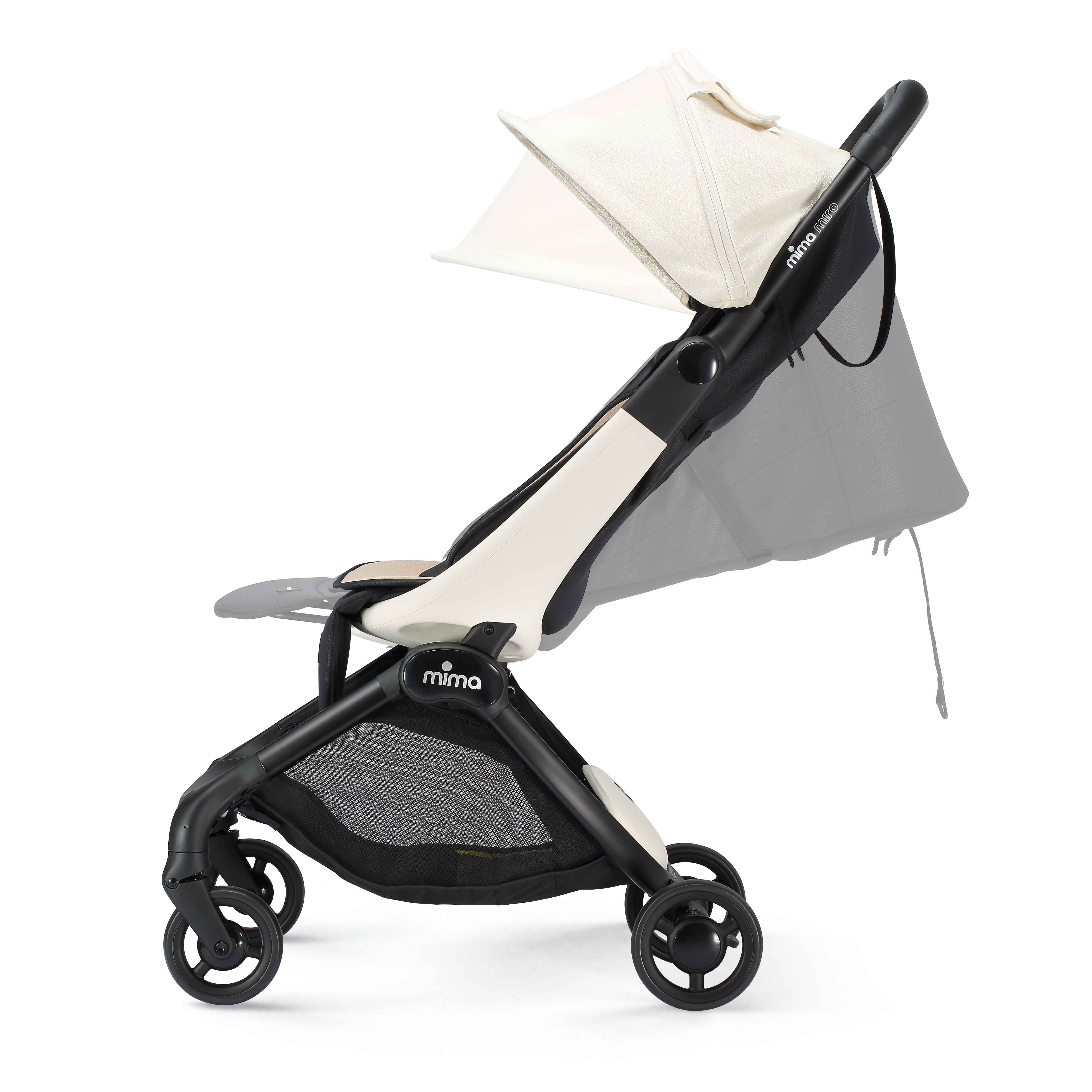 miro compact stroller in white showing upright and reclined positions, side view