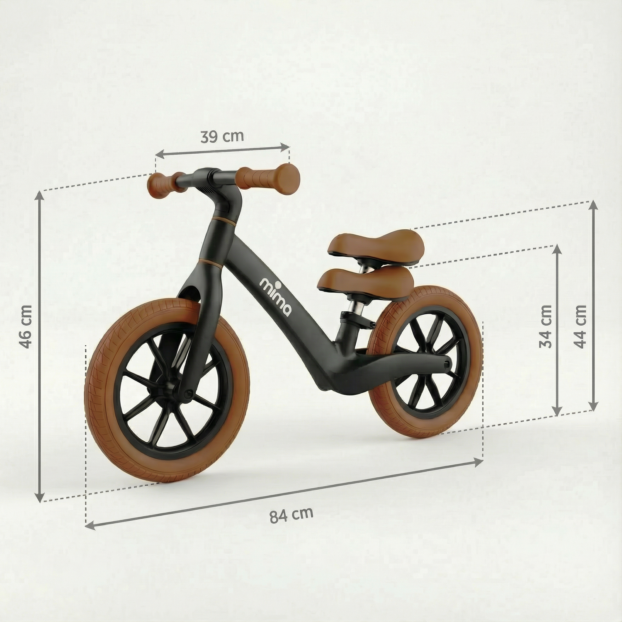 Children's black balance bike with dimensions