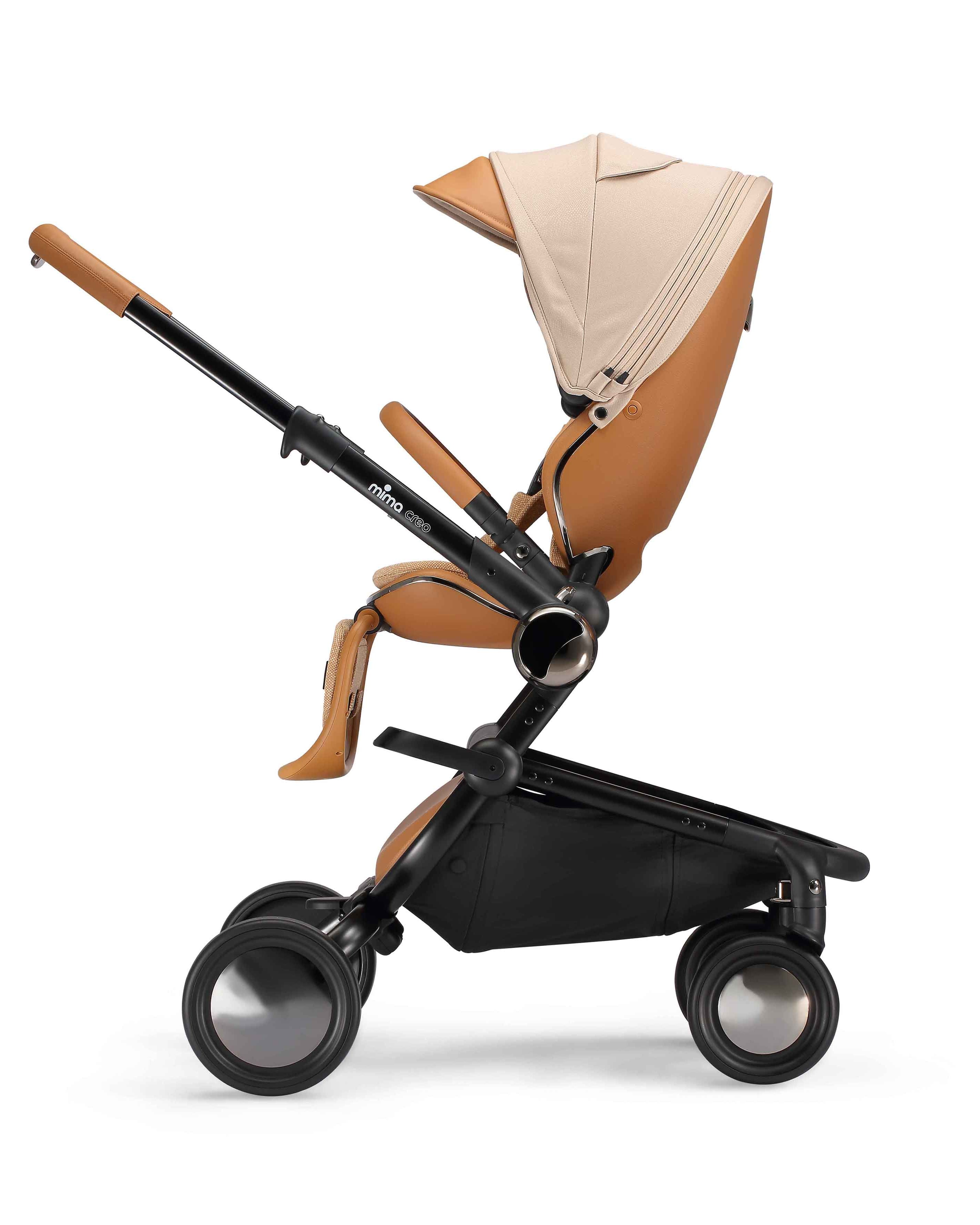 parent facing mima creo stroller in mocha with upright seat, side view
