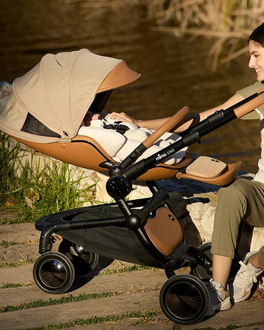 mima newborn snuggle on a creo mocha during a walk along side a river.