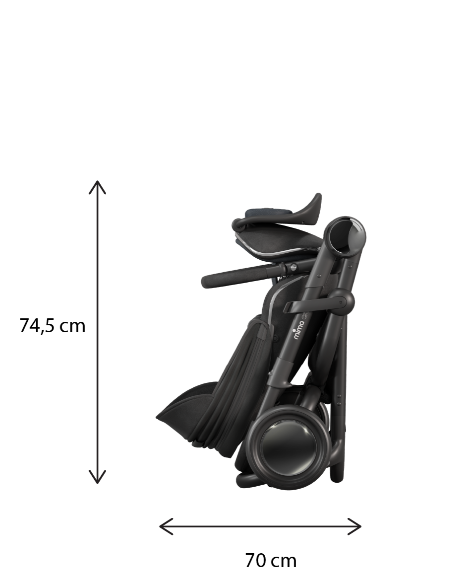 Mima creo stroller in black folded with dimensions. 