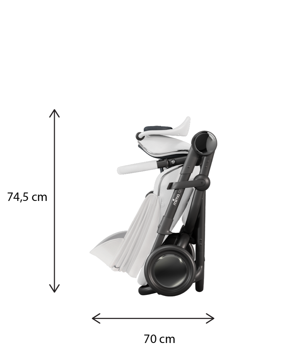 Mima creo stroller in white folded with dimensions. 