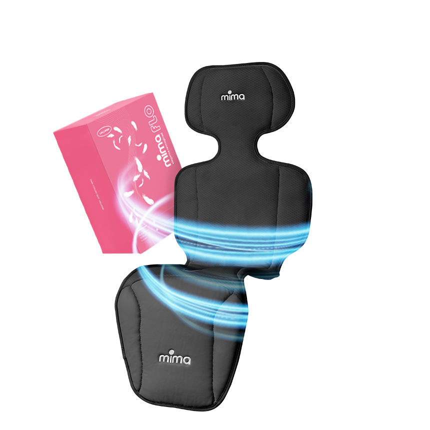 flo lollipop cooling seat pad in black with packaging box, angled view