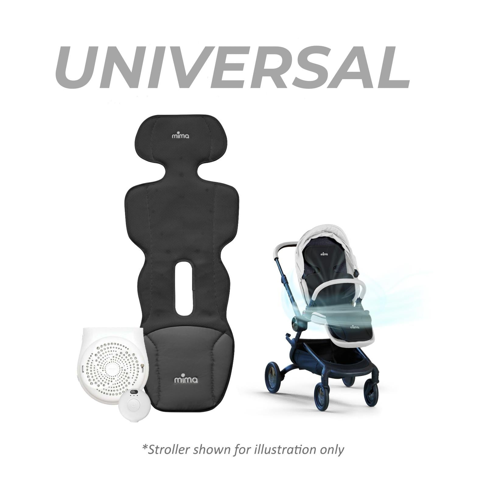 mima flo lollipop cooling seat pad in black with fan unit, remote control and shown installed on a stroller