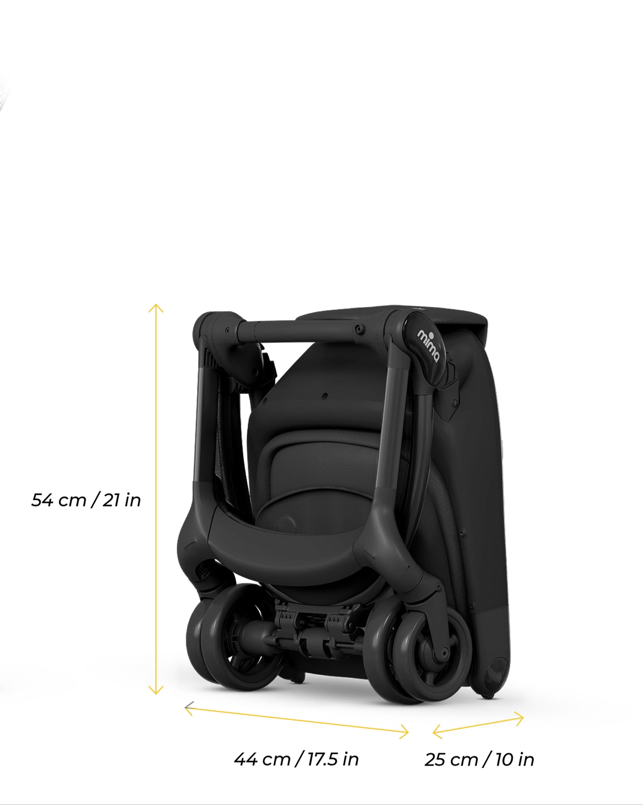 mima miro stroller in black folded with dimensions