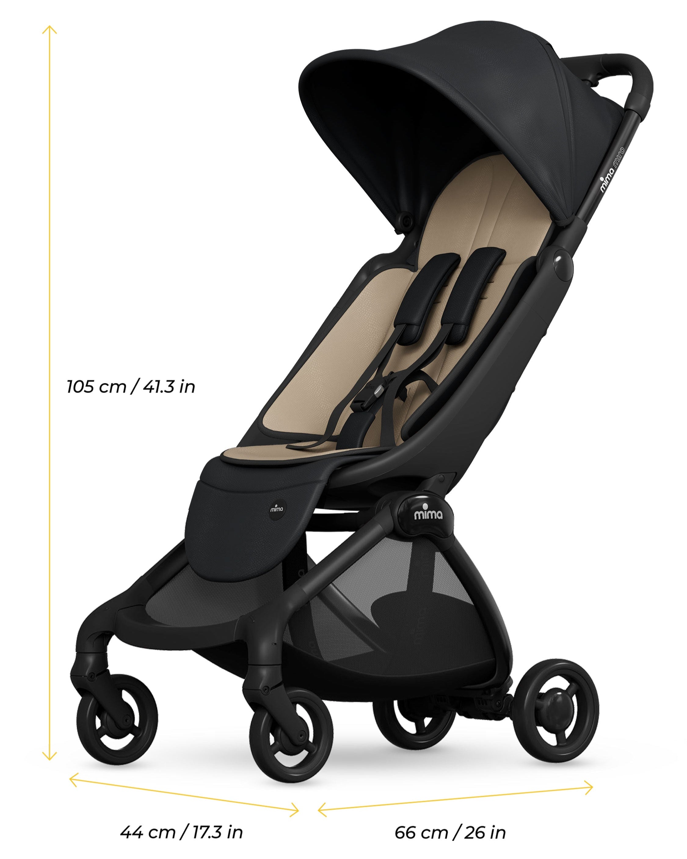 mima miro stroller in black unfolded with dimensions