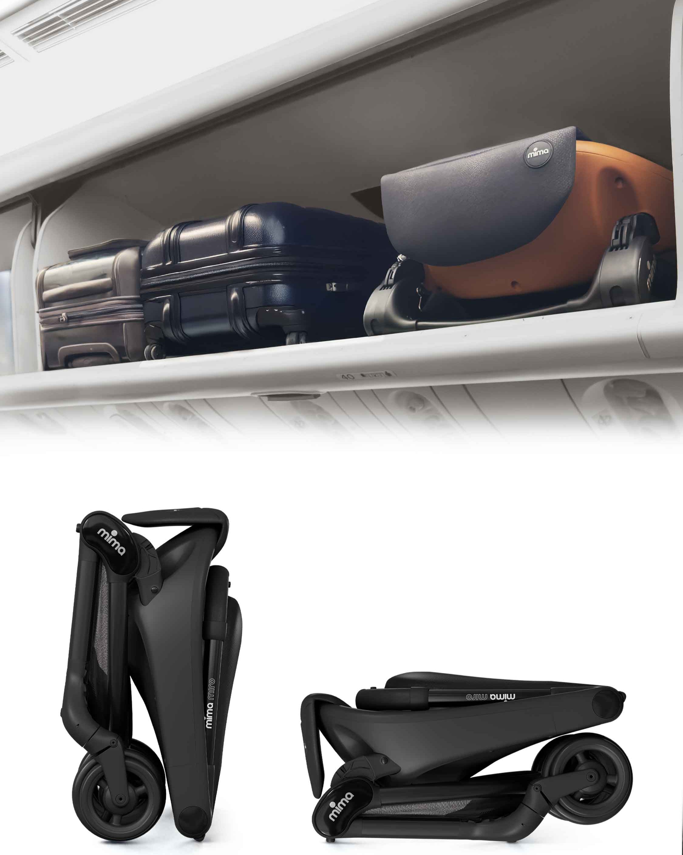 folded mima miro compact travel stroller in black inside an airplane overhead bin