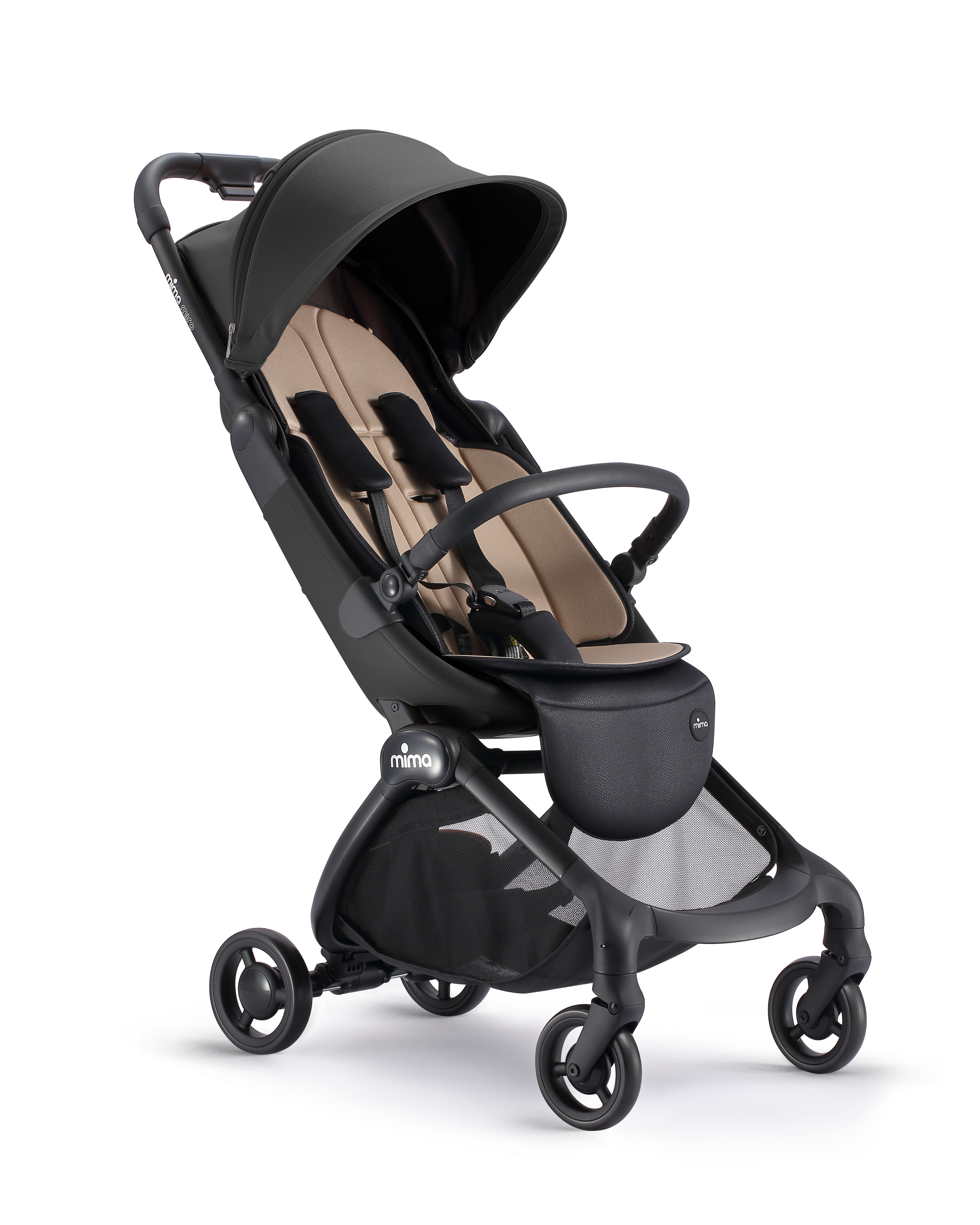 mima miro compact travel stroller in black with light seat, bumper bar and shadow, side view