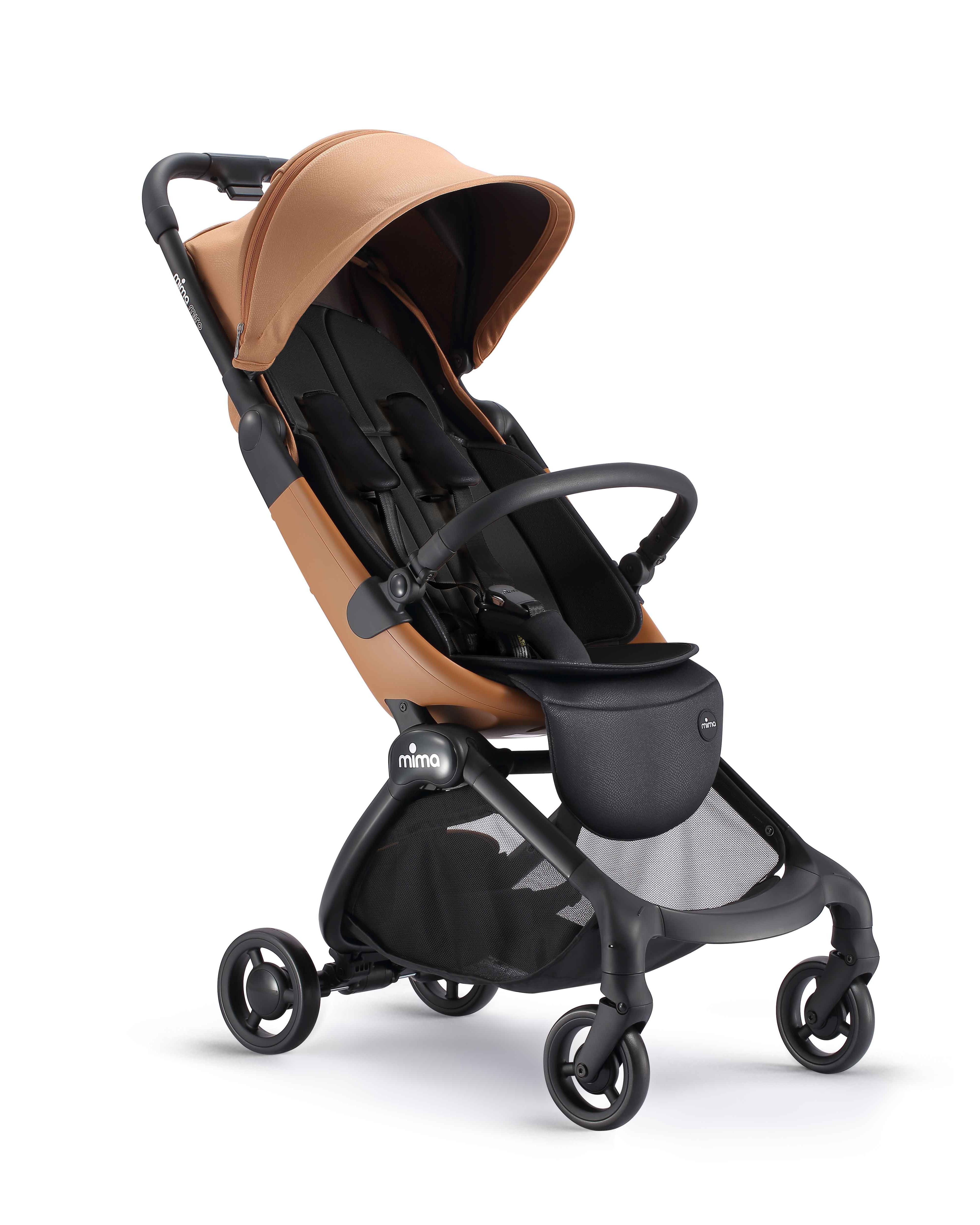 mima miro stroller in mocha with dark seat, bumper bar and shadow, angled view