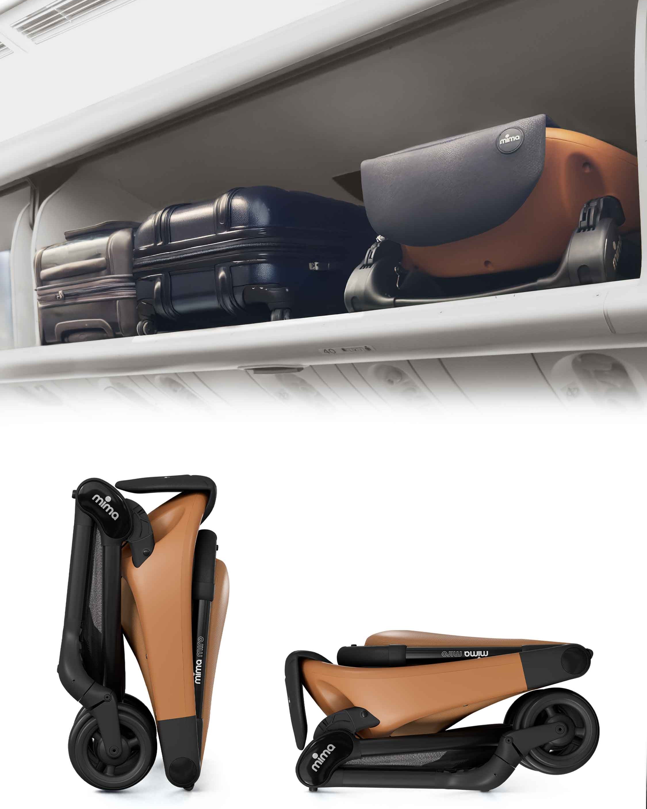 folded miro compact stroller in mocha inside an airplane overhead bin