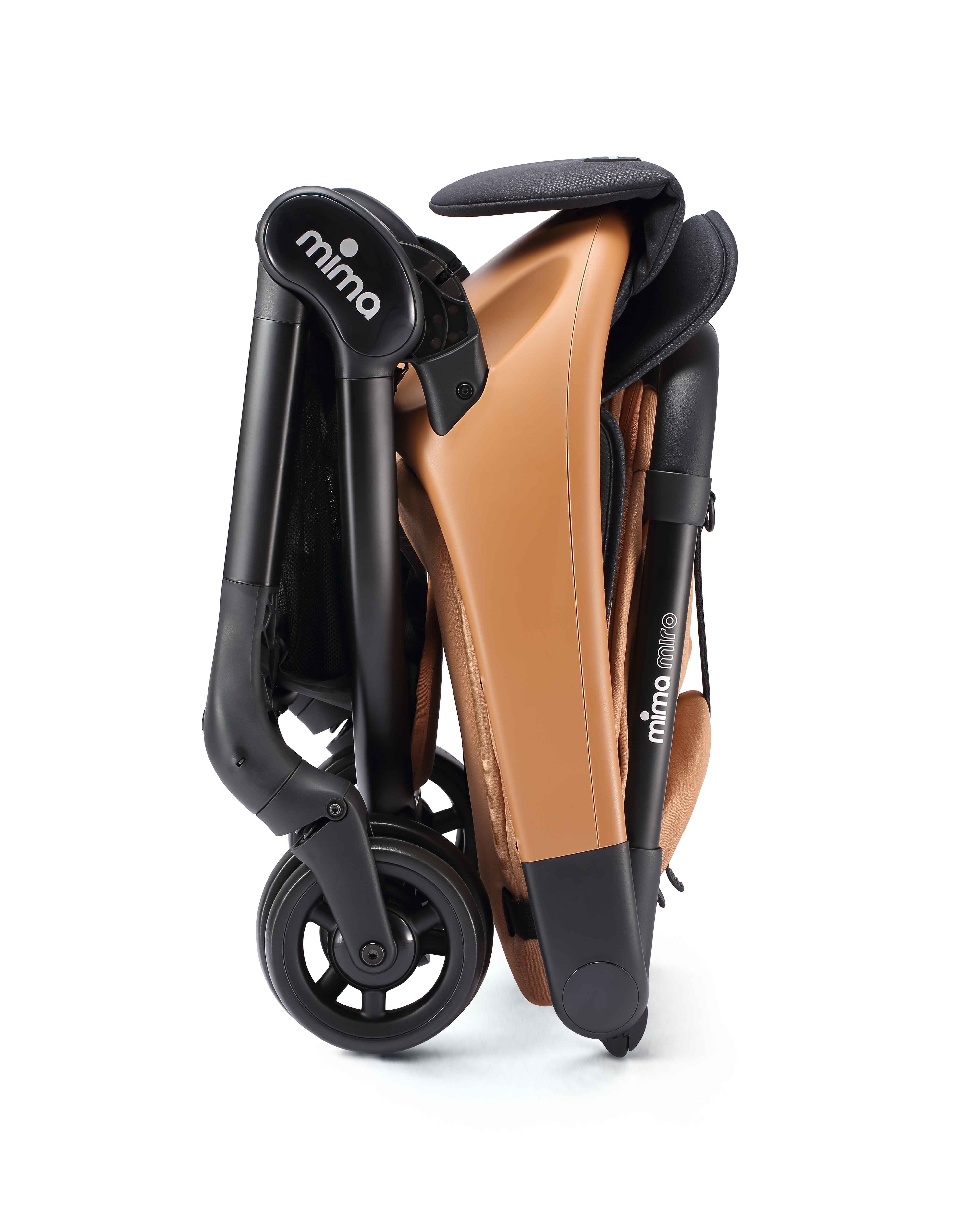 mima miro stroller in mocha, vertically folded with shadow, side view