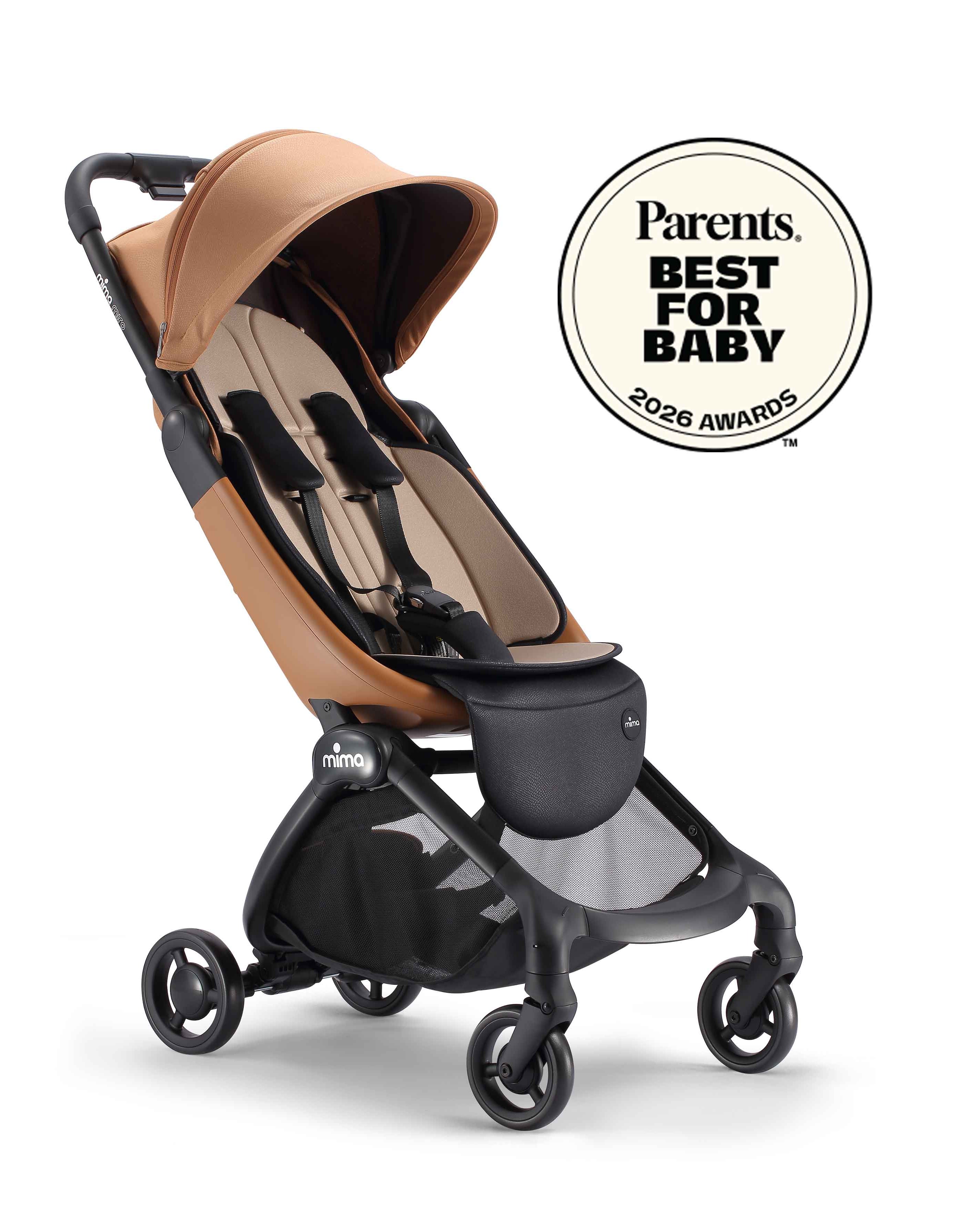 mima miro compact travel stroller in mocha with light seat and Parents best for baby 2026 award badge, angled view