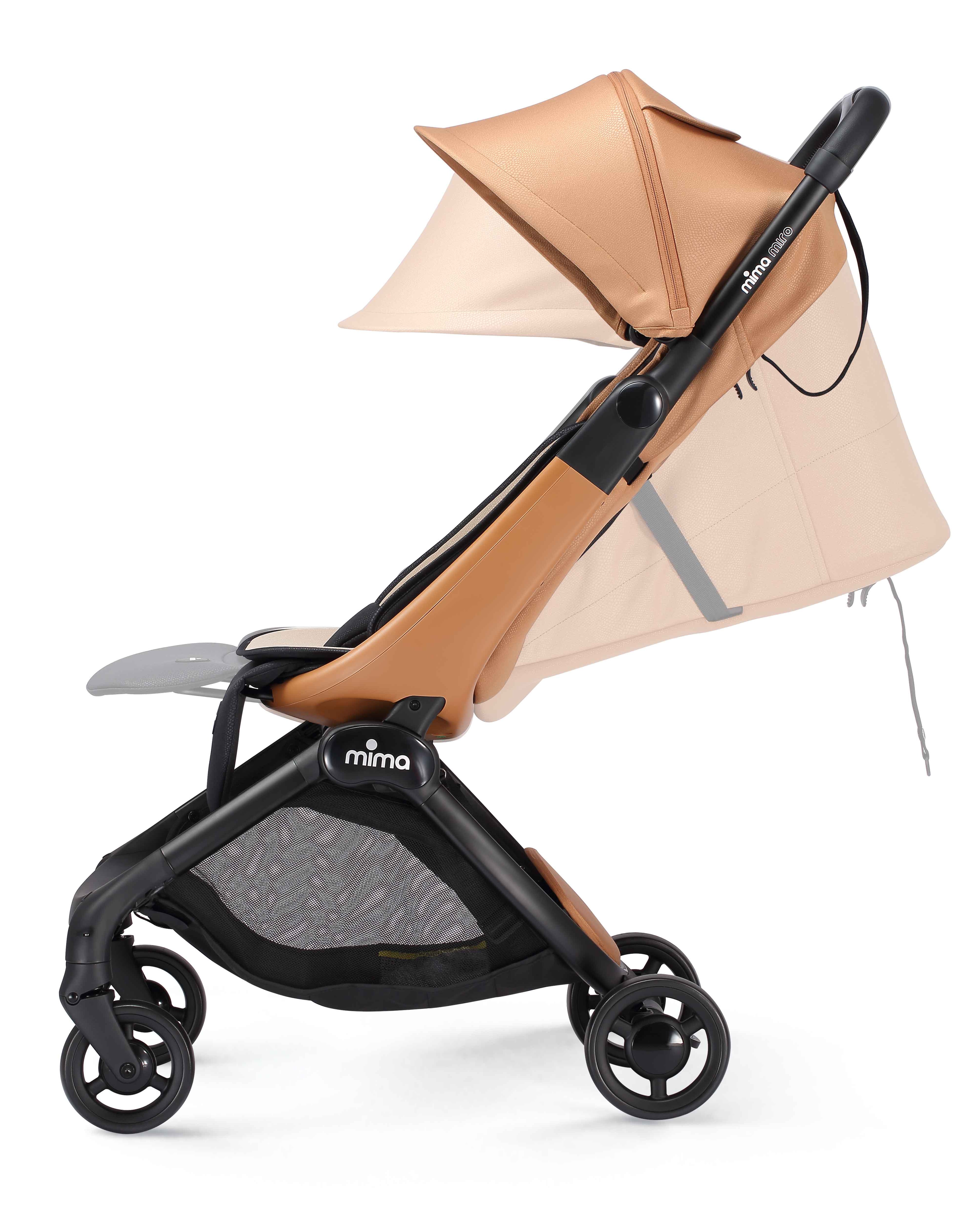 mima miro stroller in mocha showing upright and reclined positions, side view