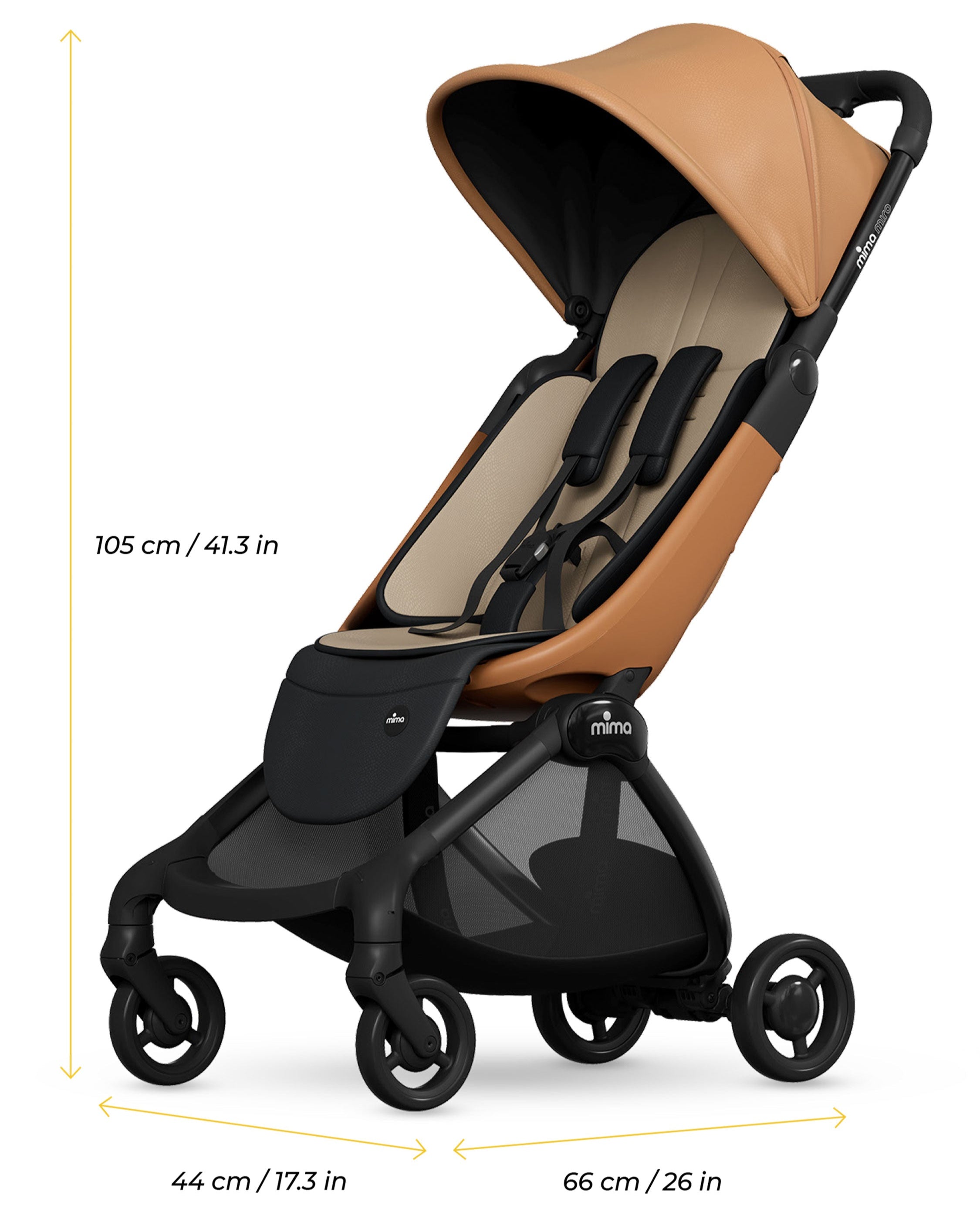 mima miro compact travel stroller in mocha unfolded with dimensions