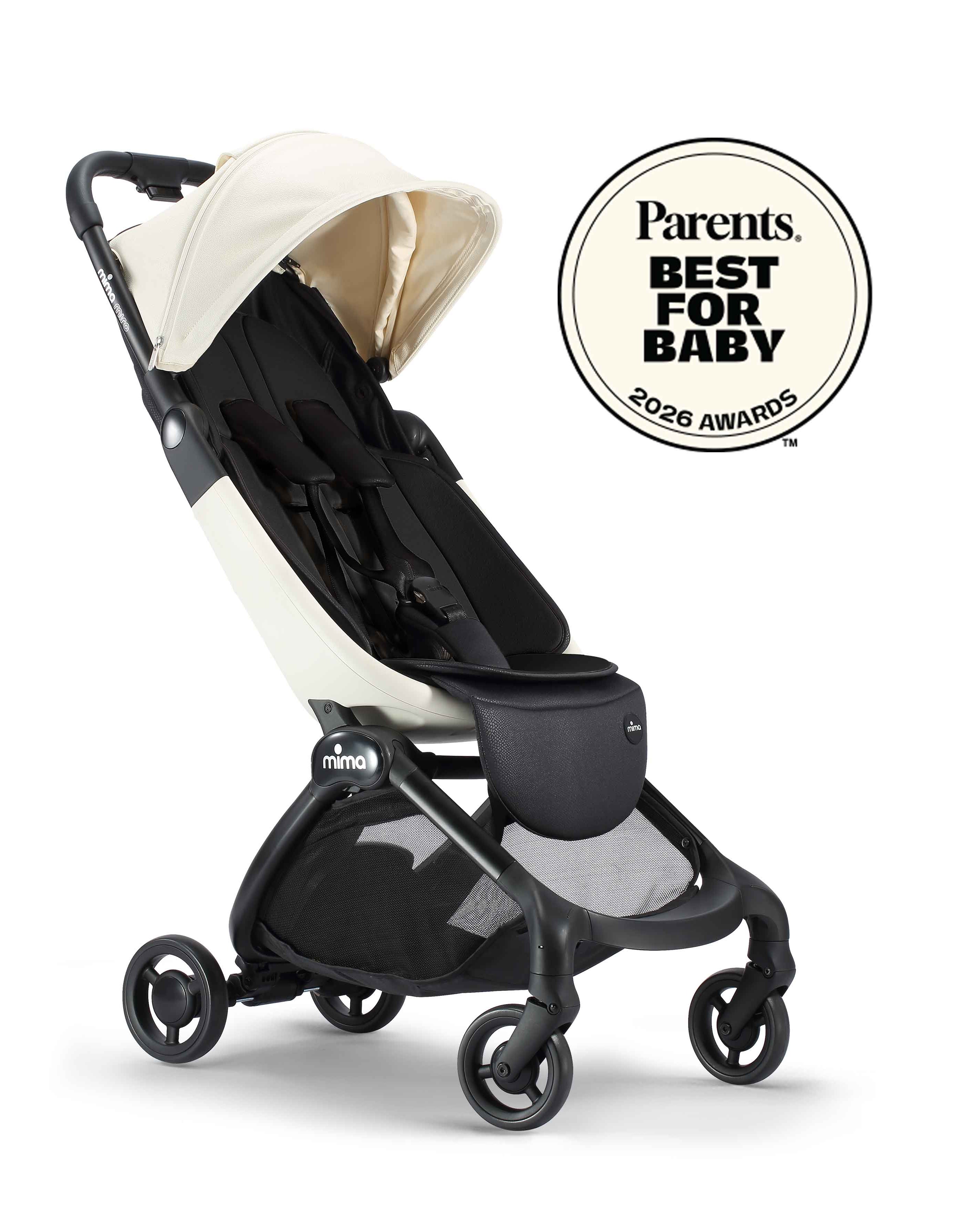mima miro stroller in white with dark seat, bumper bar and Parents best for baby 2026 award badge, angled view