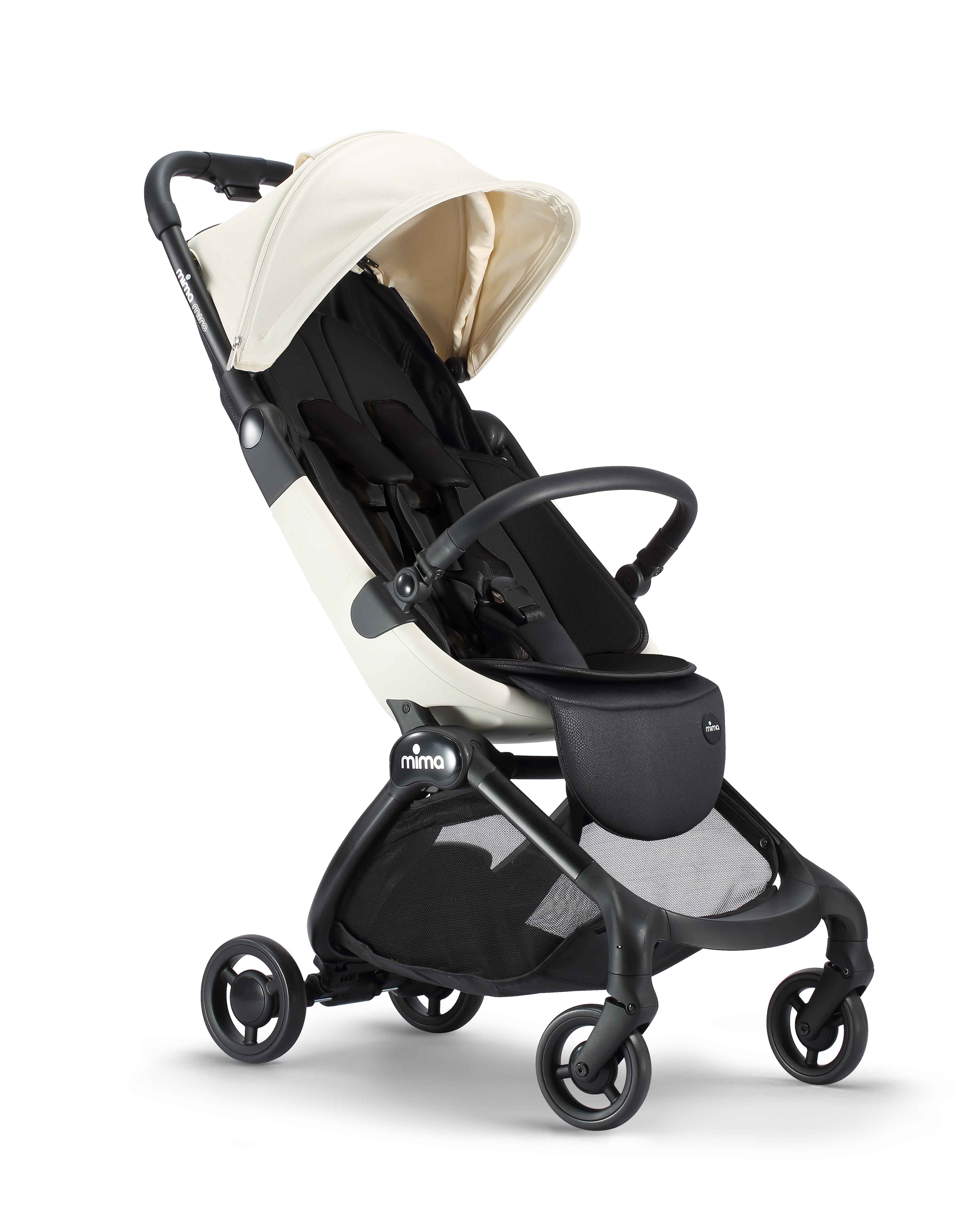 miro compact stroller in white with dark seat, bumper bar and shadow, angled view