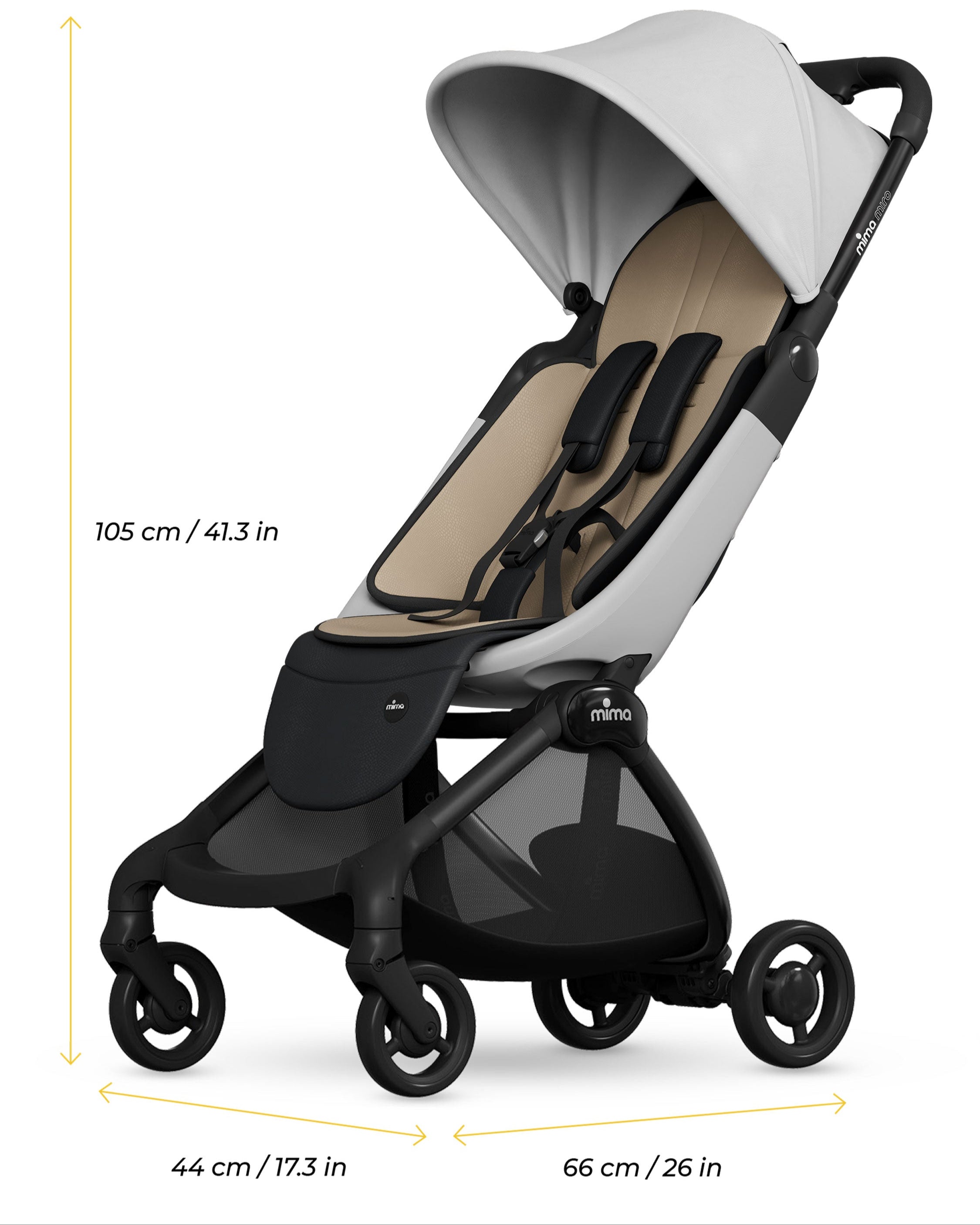 miro compact stroller in white unfolded with dimensions