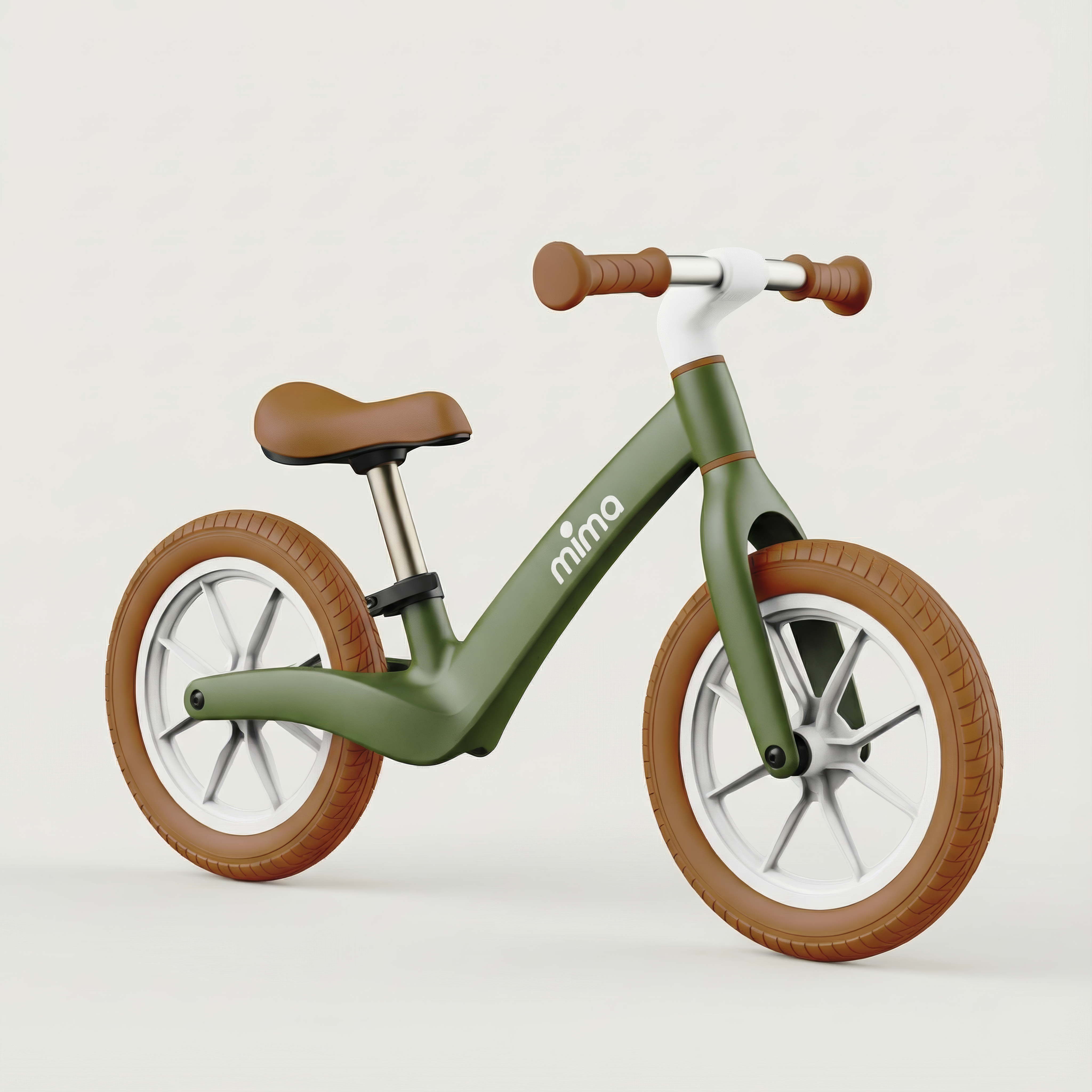 Angled view of mima zoom lite balance bike in green from the right
